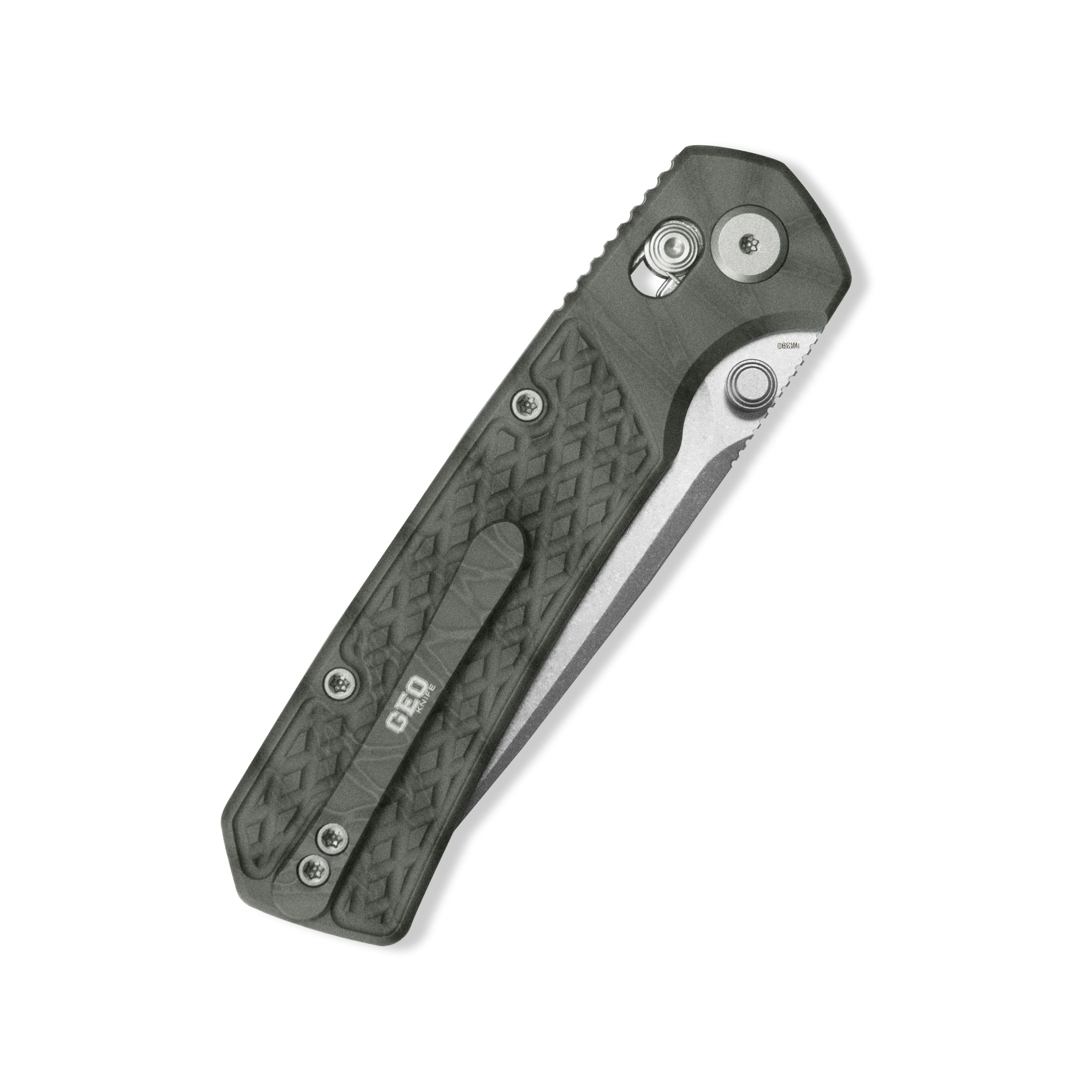 GEO Knife Blaze Crossbar lock Folding Knife Tiger Stripe Pattern Flamed 6AL4V Titanium Handle 3.4" Stonewash Bohler M390 Blade GEO2502C