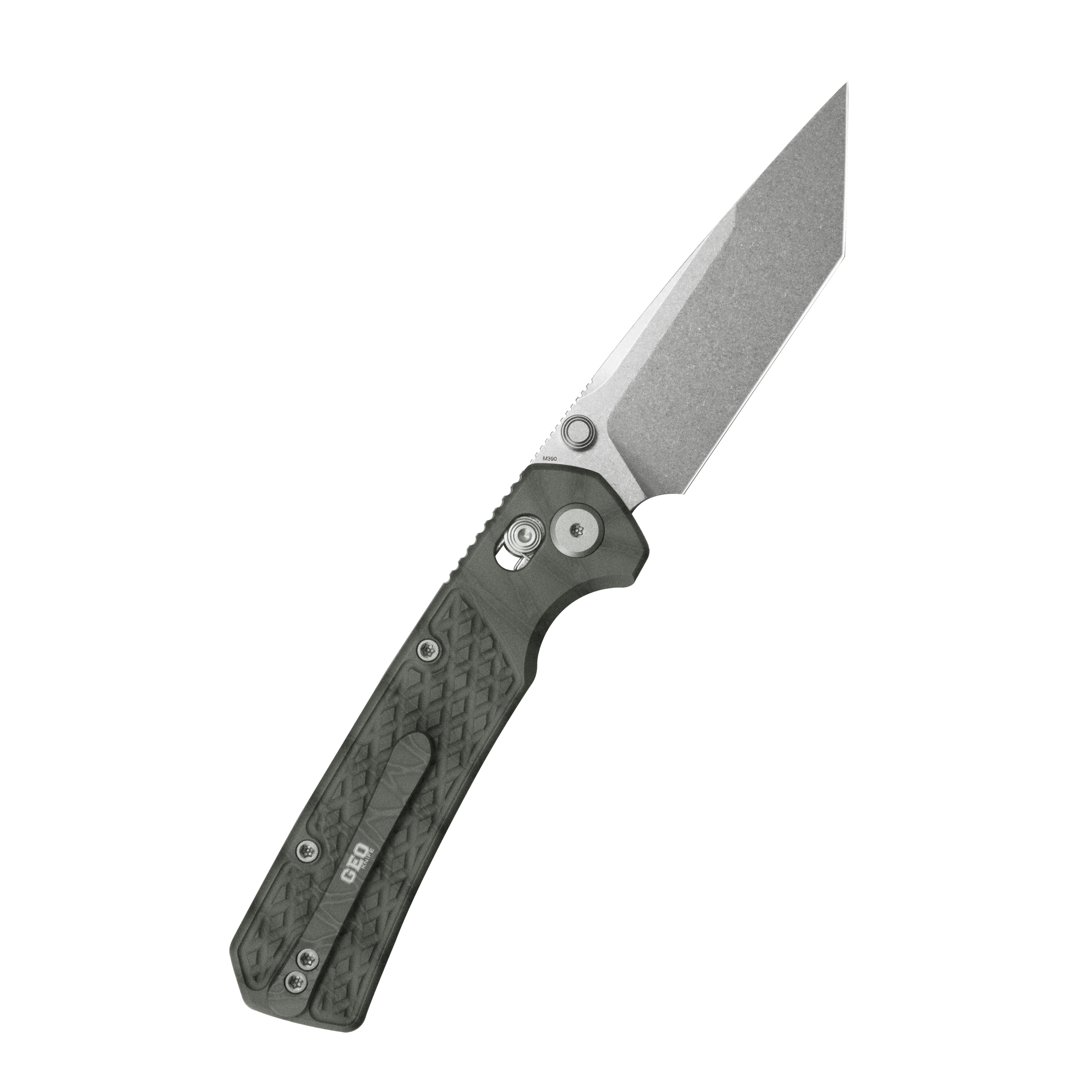 GEO Knife Blaze Crossbar lock Folding Knife Tiger Stripe Pattern Flamed 6AL4V Titanium Handle 3.3" Stonewash Bohler M390 Blade GEO2503C