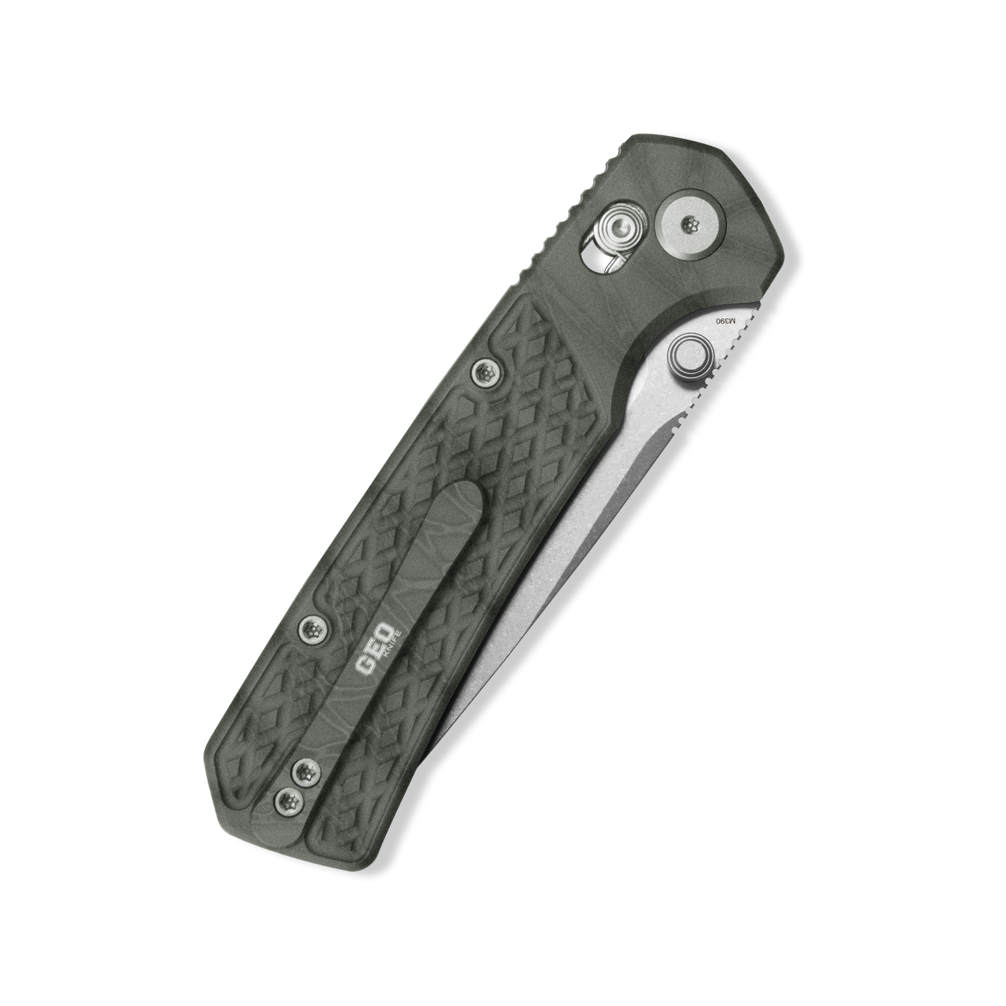GEO Knife Blaze Crossbar lock Folding Knife Tiger Stripe Pattern Flamed 6AL4V Titanium Handle 3.3" Stonewash Bohler M390 Blade GEO2503C