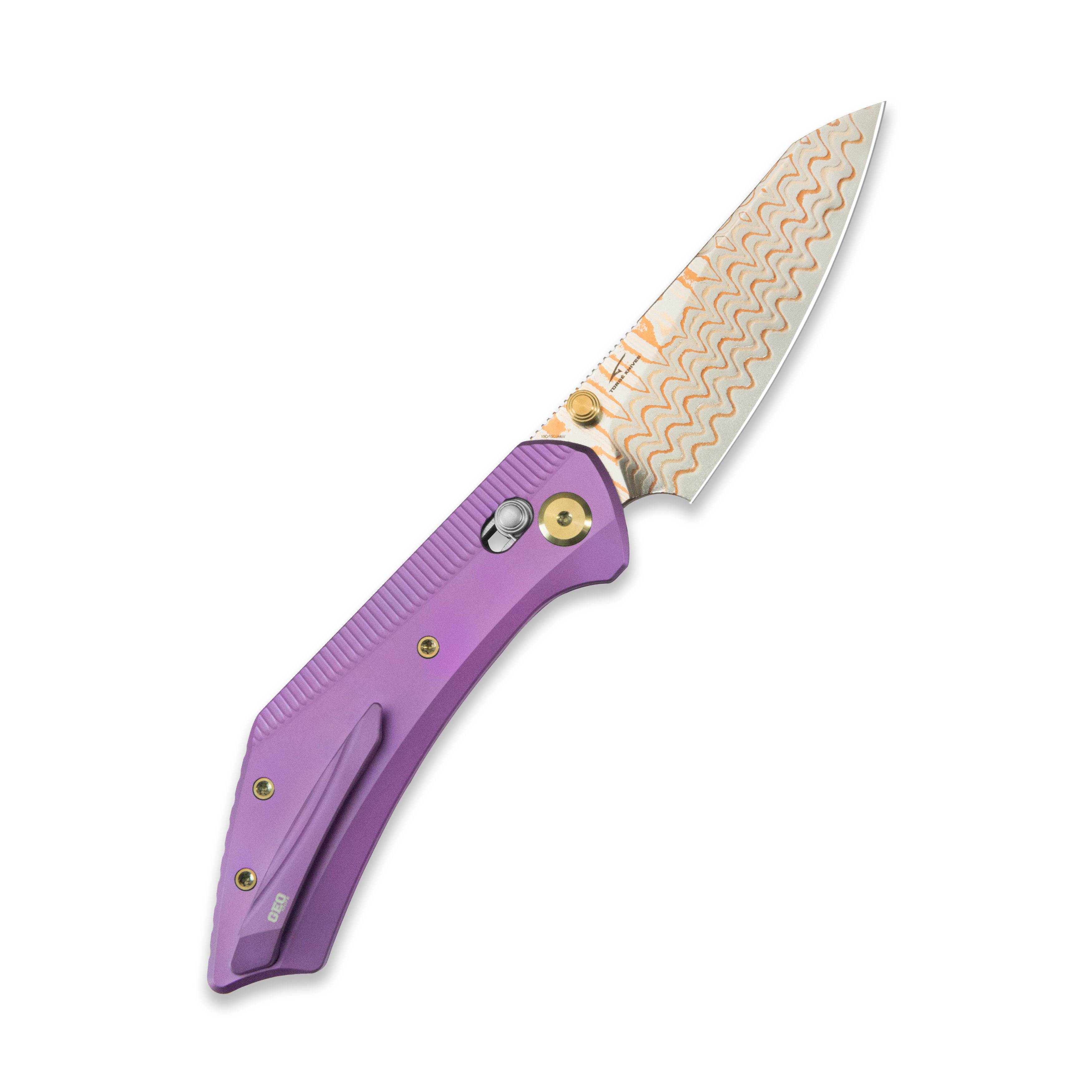 GEO Knife DIVID Crossbar lock Folding Knife Purple 6AL4V Titanium Handle 3.3" Damascus Steel & Copper Blade(10Cr15CoMoV) GEO2507C