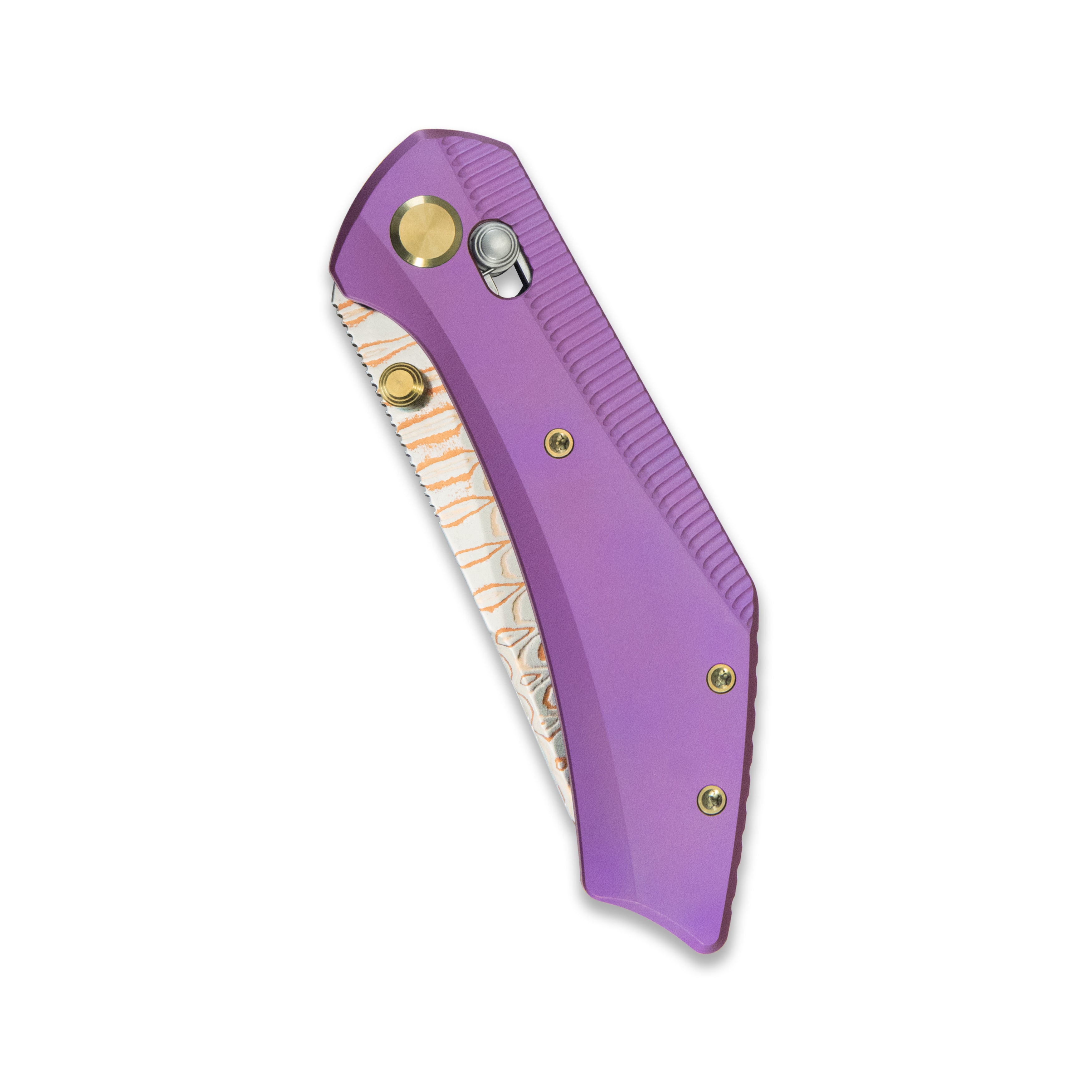 GEO Knife DIVID Crossbar lock Folding Knife Purple 6AL4V Titanium Handle 3.3" Damascus Steel & Copper Blade(10Cr15CoMoV) GEO2507C