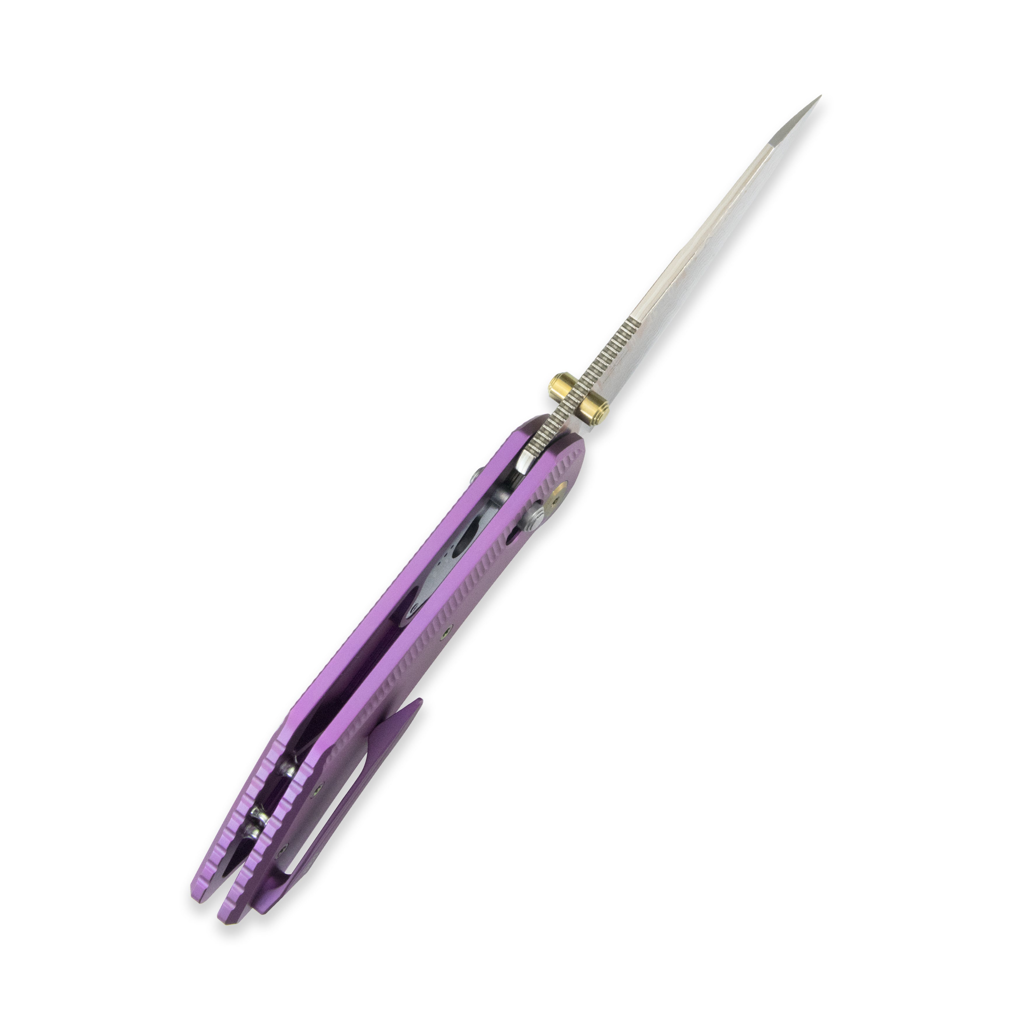 GEO Knife DIVID Crossbar lock Folding Knife Purple 6AL4V Titanium Handle 3.3" Damascus Steel & Copper Blade(10Cr15CoMoV) GEO2507C