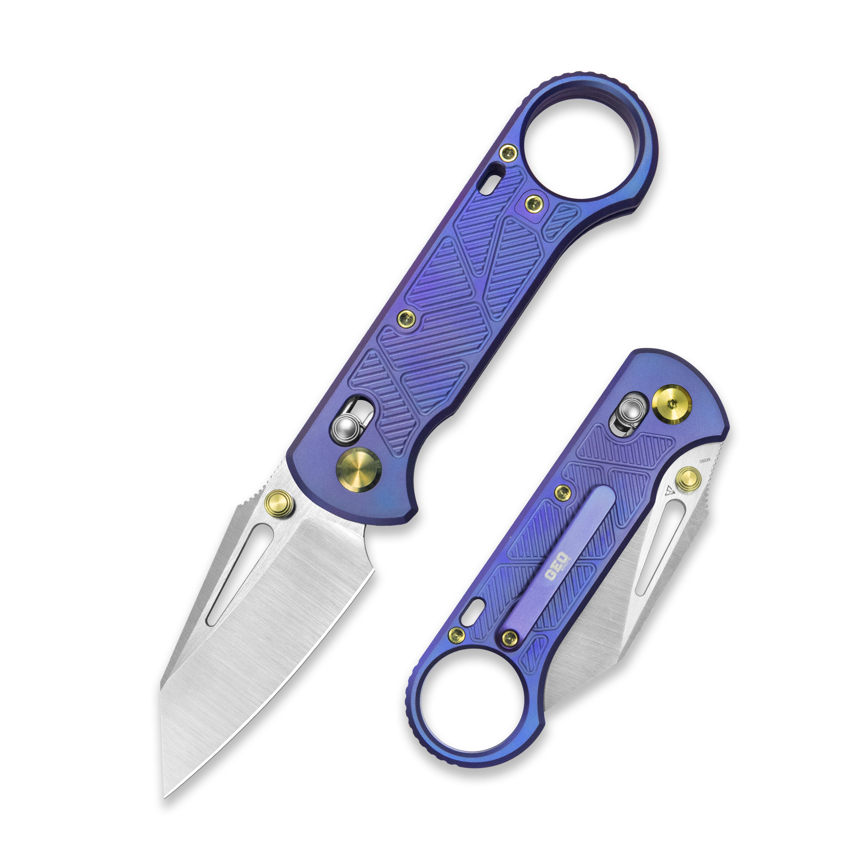 GEO Knife Aska Crossbar lock Folding Knife Purple 6AL4V Titanium Handle 2.8" Hand-Rubbed Satin Stonewash Bohler M390 Blade GEO2511D