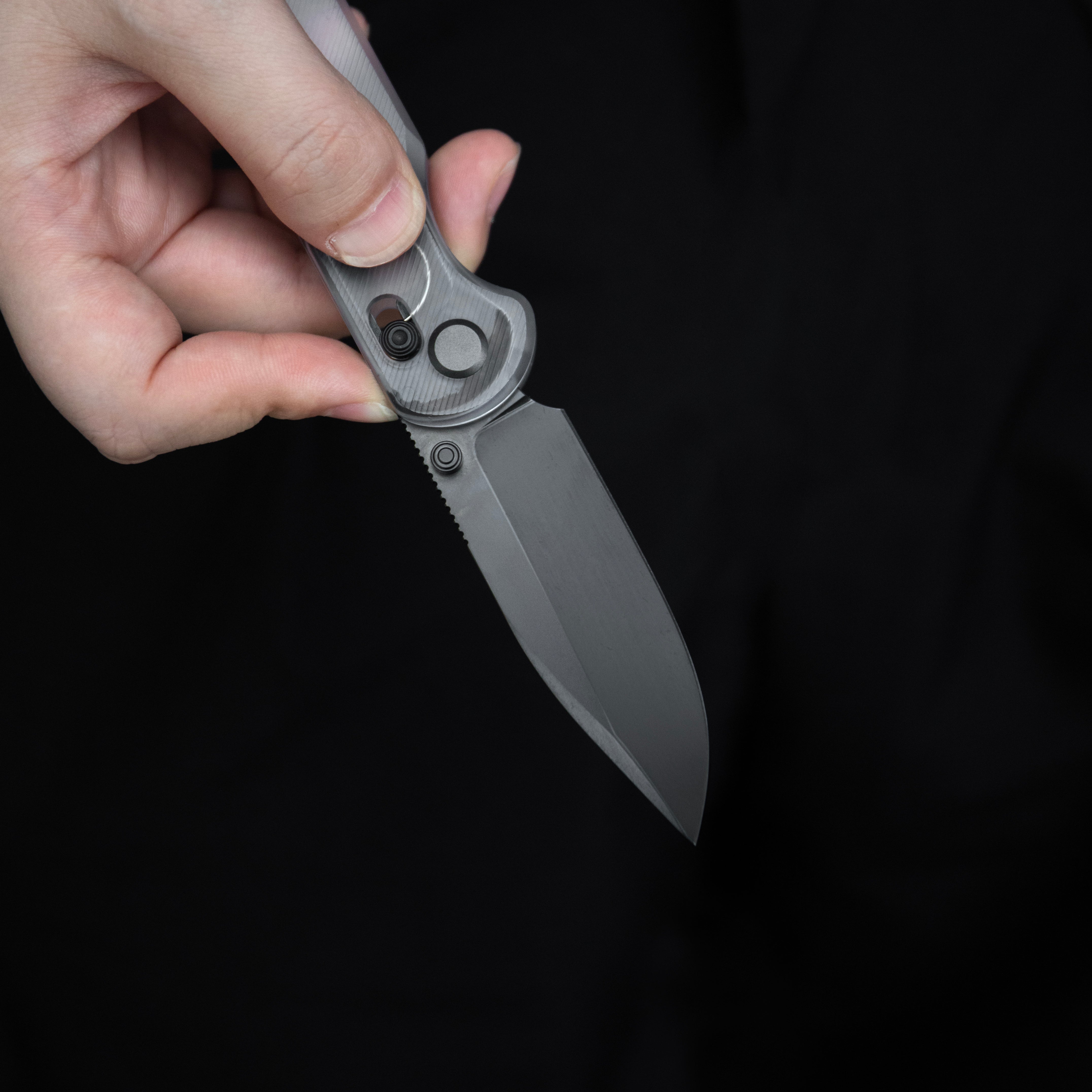 Blade HQ Exclusives SKU : GEO Knife Ethereal Cutter Crossbar lock Folding Knife Clean Acrylic Handle 3.0" Black DLC CPM S90V Blade GEO2402P