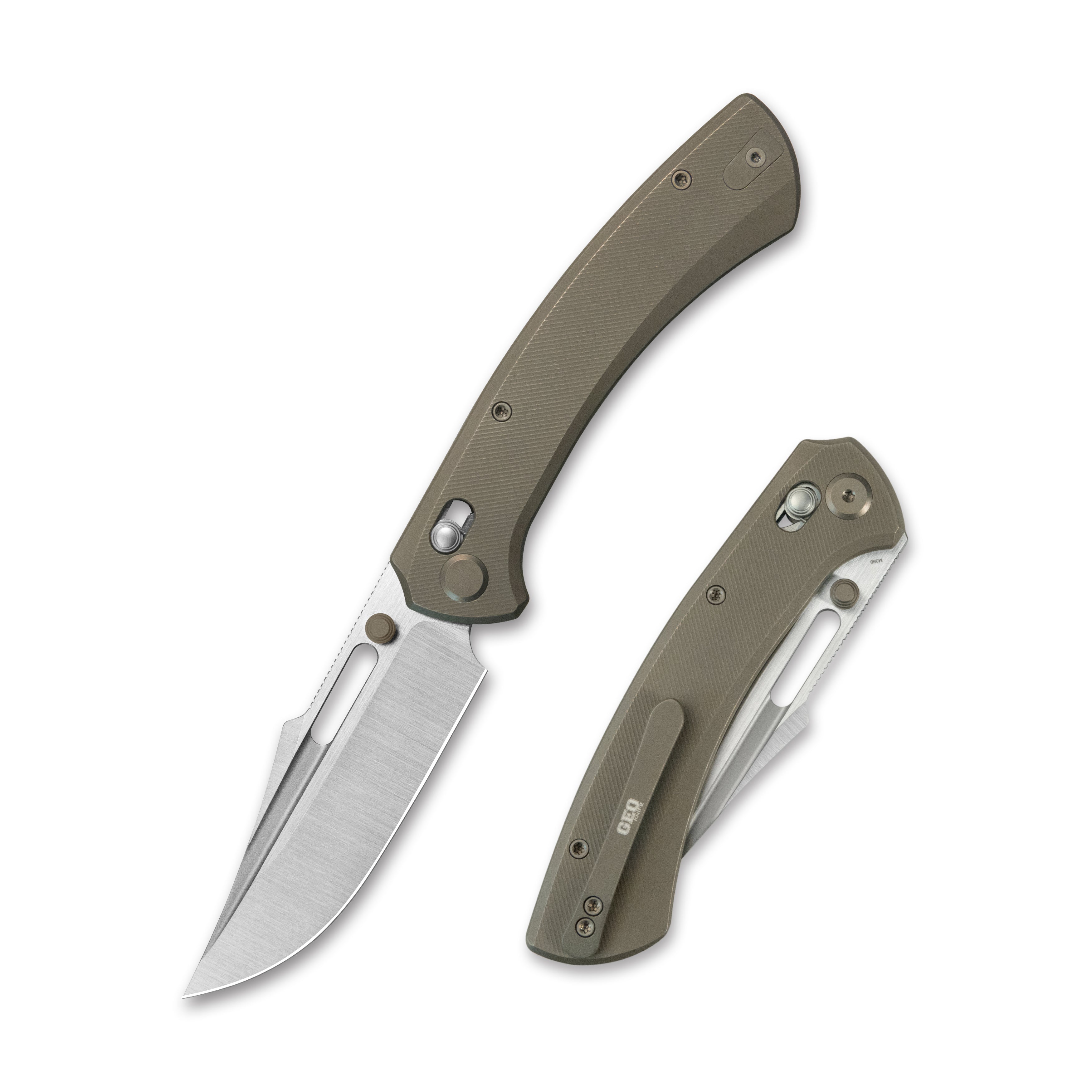 GEO Knife Strix Axis lock Folding Knife Bronze 6AL4V Titanium Handle 3.6" Hand-Rubbed  Satin  Stonewash Bohler M390 Blade GEO2510C