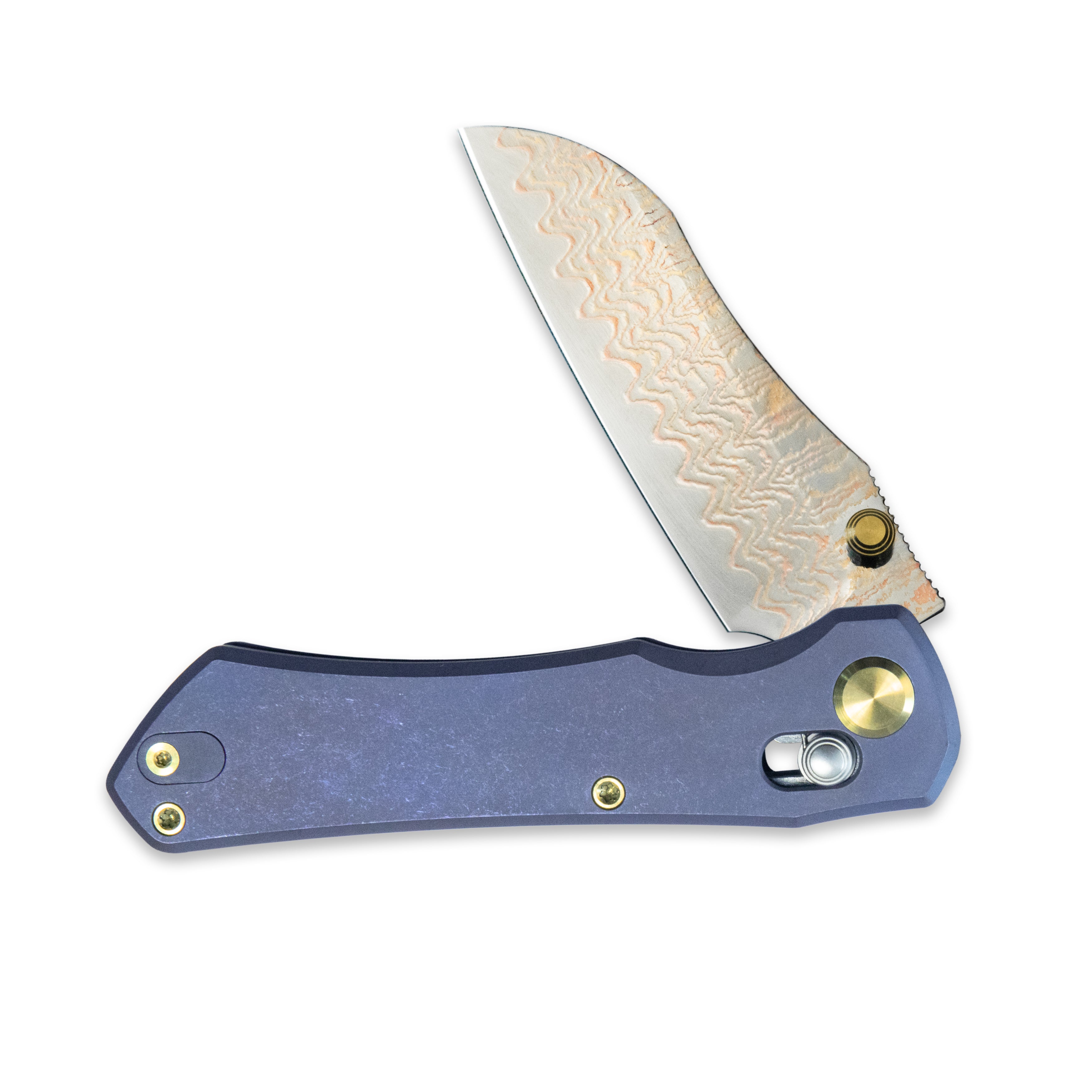 GEO Knife Komodo Crossbar lock Folding Knife Blue 6AL4V Titanium Handle 3.1" Damascus Steel & Copper Blade（10Cr15CoMoV) GEO2509B