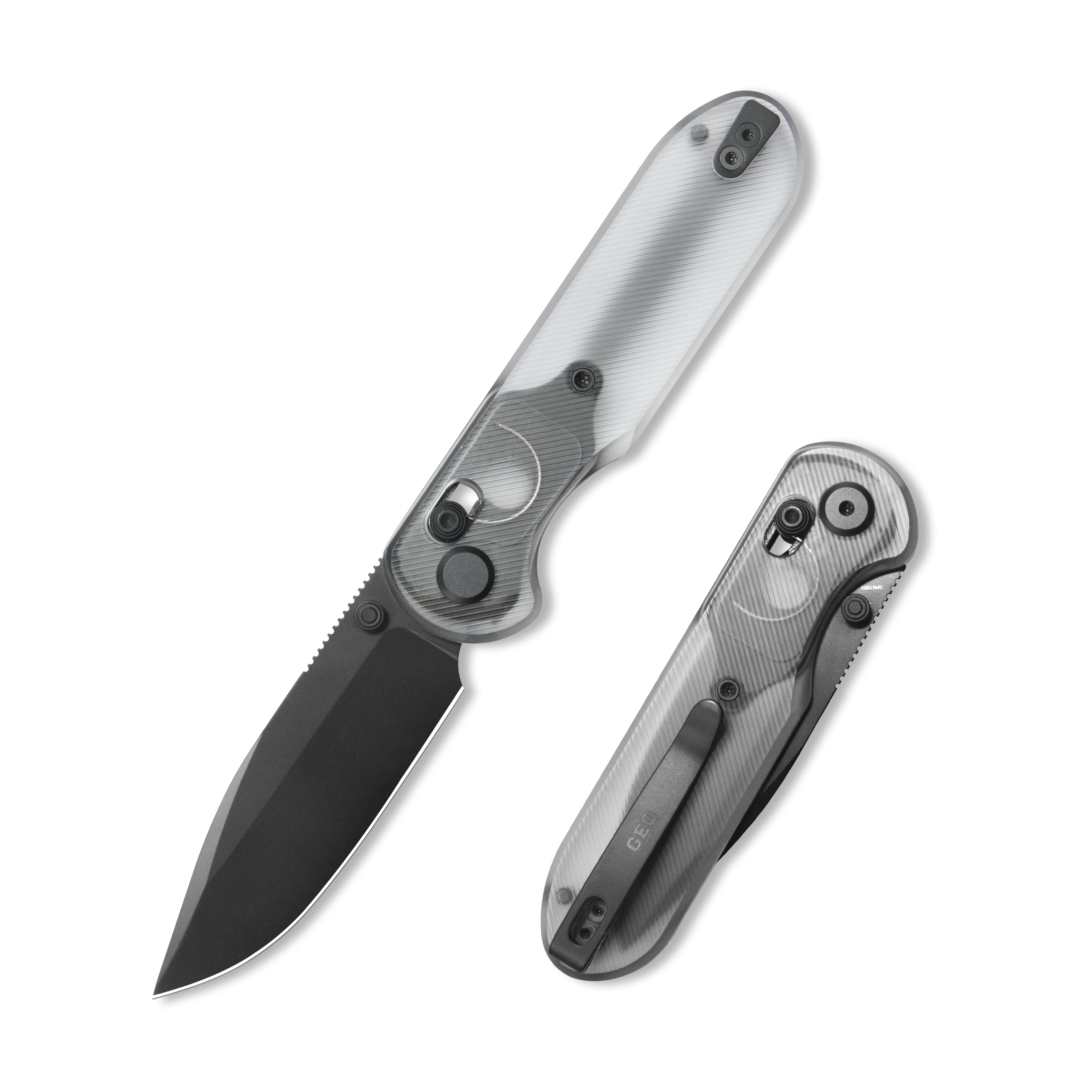 Blade HQ Exclusives SKU : GEO Knife Ethereal Cutter Axis lock Folding Knife Clean Acrylic Handle 3.0" Black DLC CPM S90V Blade GEO2402P