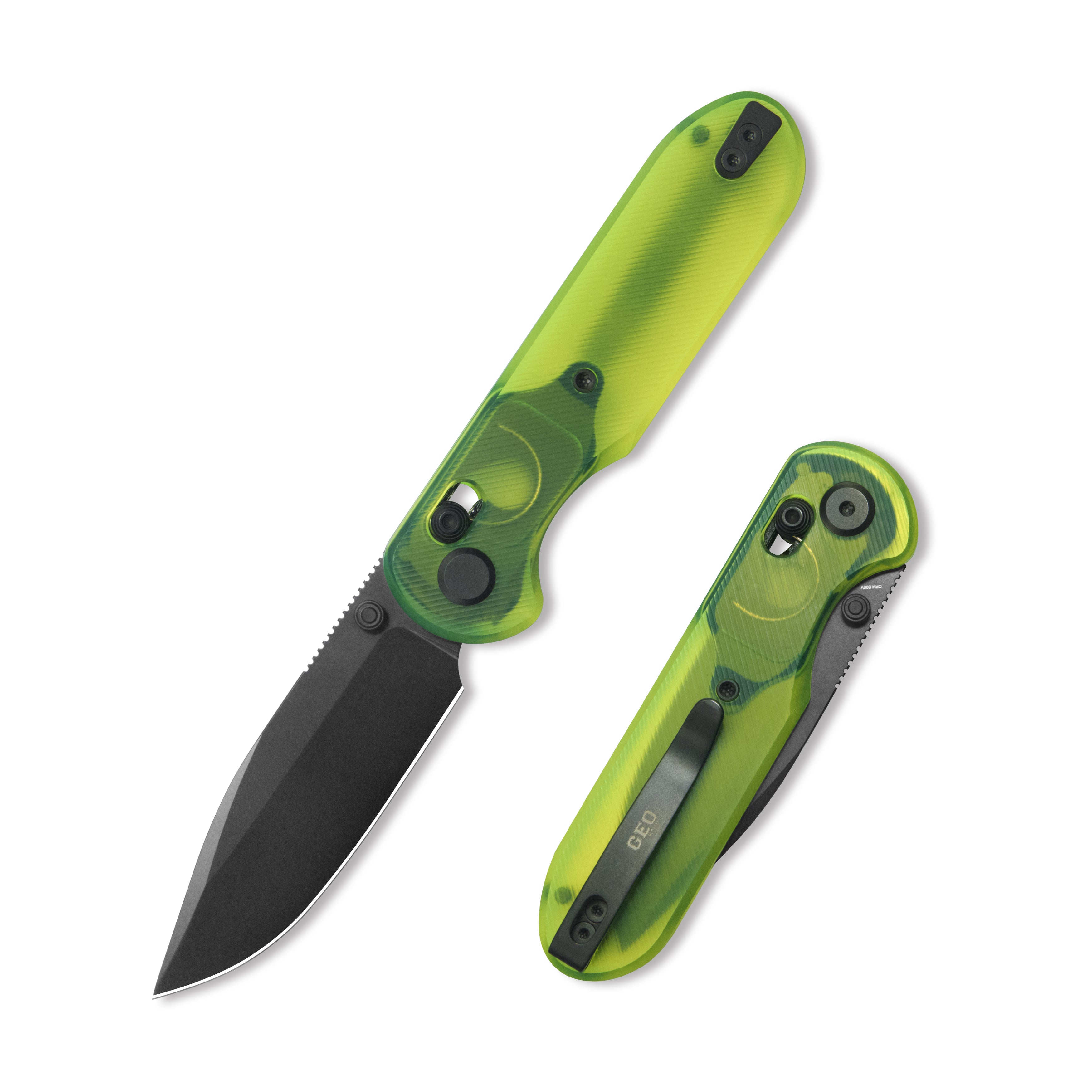 Blade HQ Exclusives SKU : GEO Knife Ethereal Cutter Axis lock Folding Knife Green Acrylic Handle 3.0" Black DLC CPM S90V Blade GEO2402Q