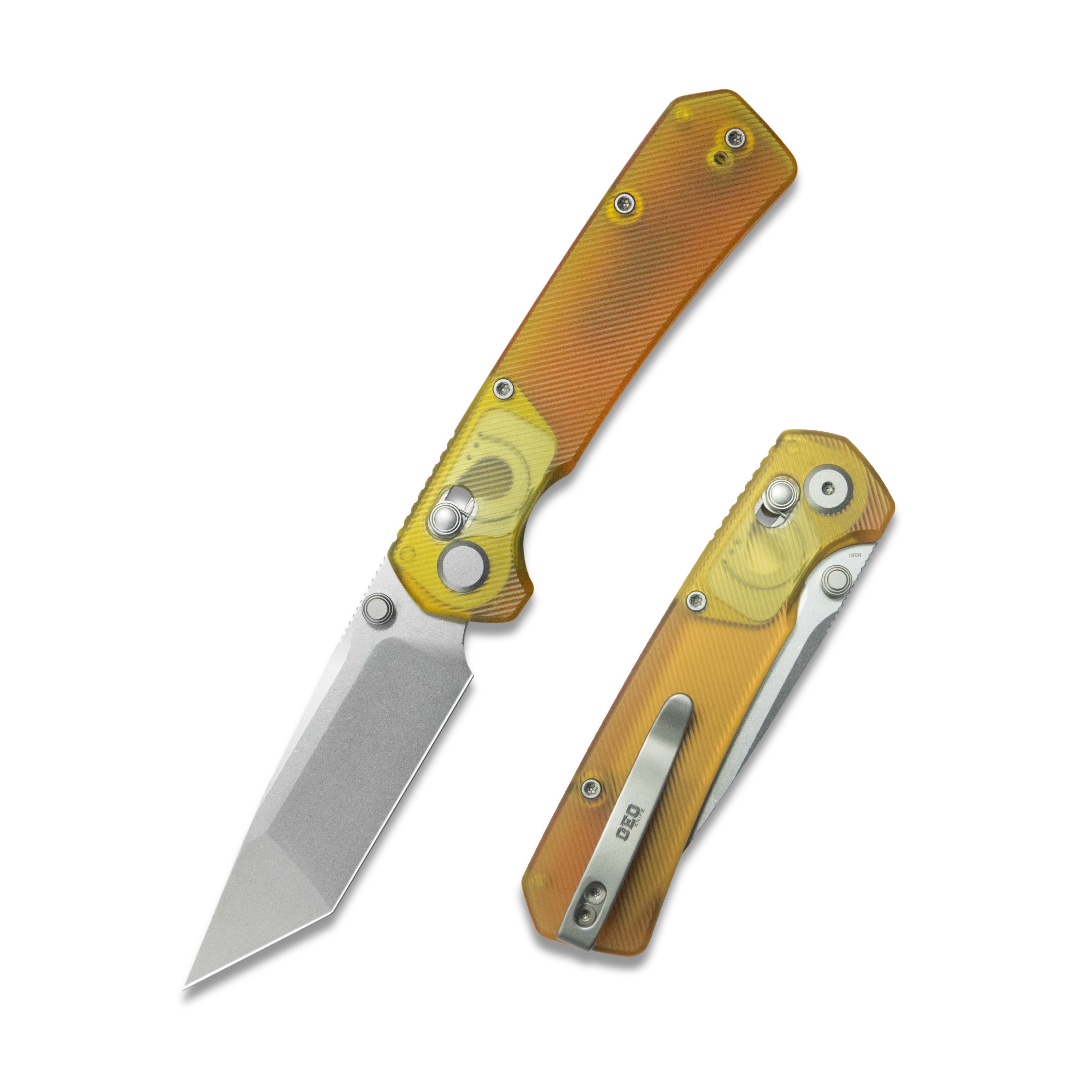 ( Pre-order ) GEO Knife Blaze Crossbar lock Folding Knife Ultem Handle 3.3" Stonewash Bohler M390 Blade GEO2503J