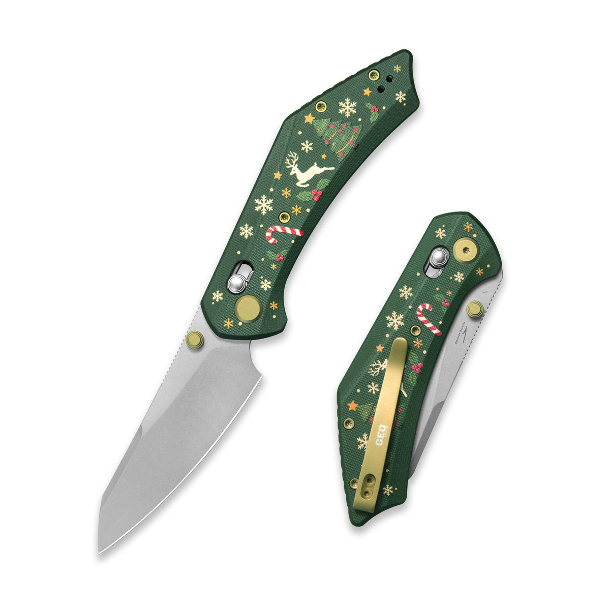 (Pre-order) Christmas Edition: GEO Knife DIVID Crossbar lock Folding Knife Green G10 Handle 3.3" Stonewash Bohler M390 Blade  GEO2507L