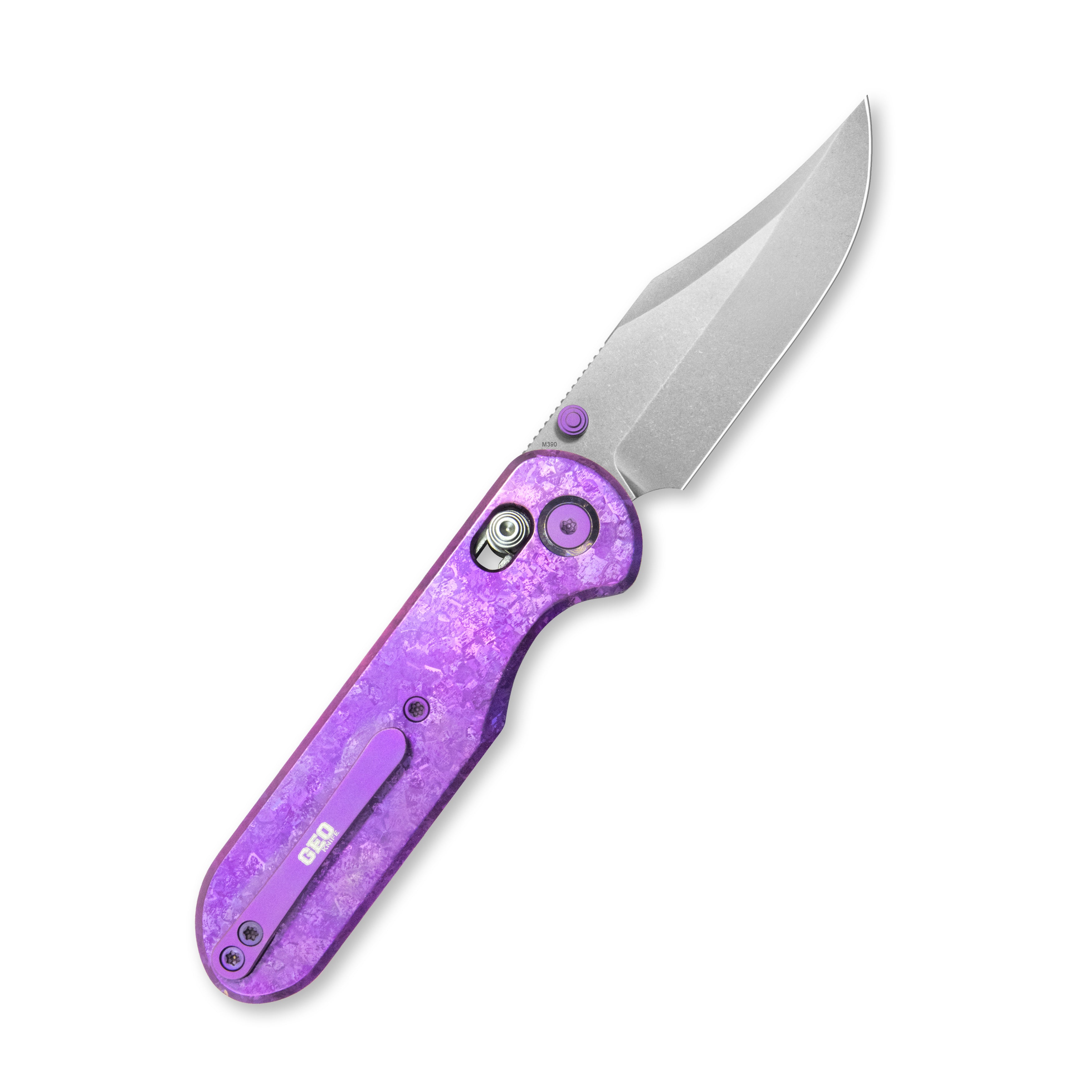 GEO Knife Ethereal Cutter Crossbar lock Folding Knife Purple Crystallized Titanium Handle 3.0" Stonewash Bohler M390 Blade GEO2401N