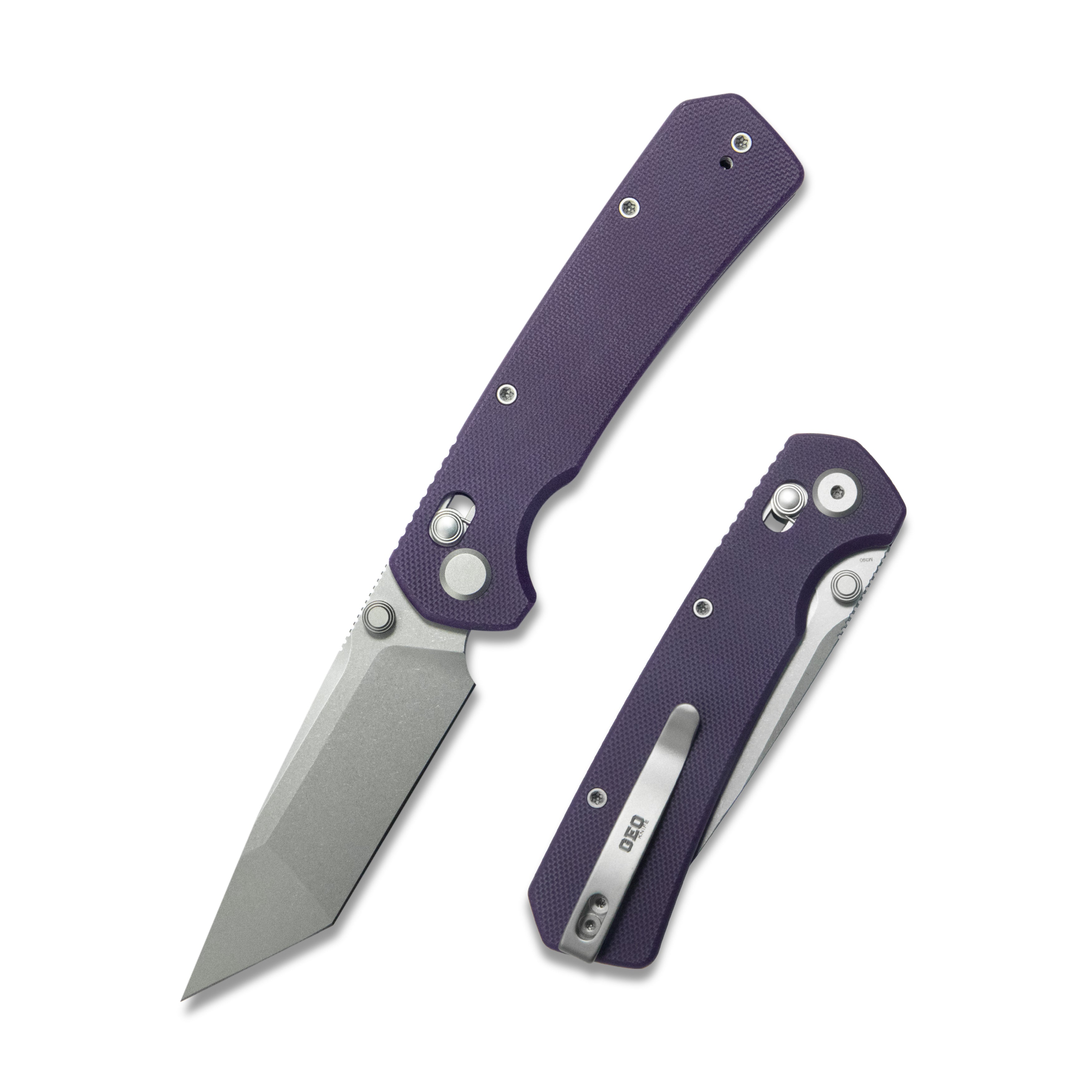 GEO Knife Blaze Crossbar lock Folding Knife Purple G10 Handle 3.3" Stonewash Bohler M390 Blade GEO2503F