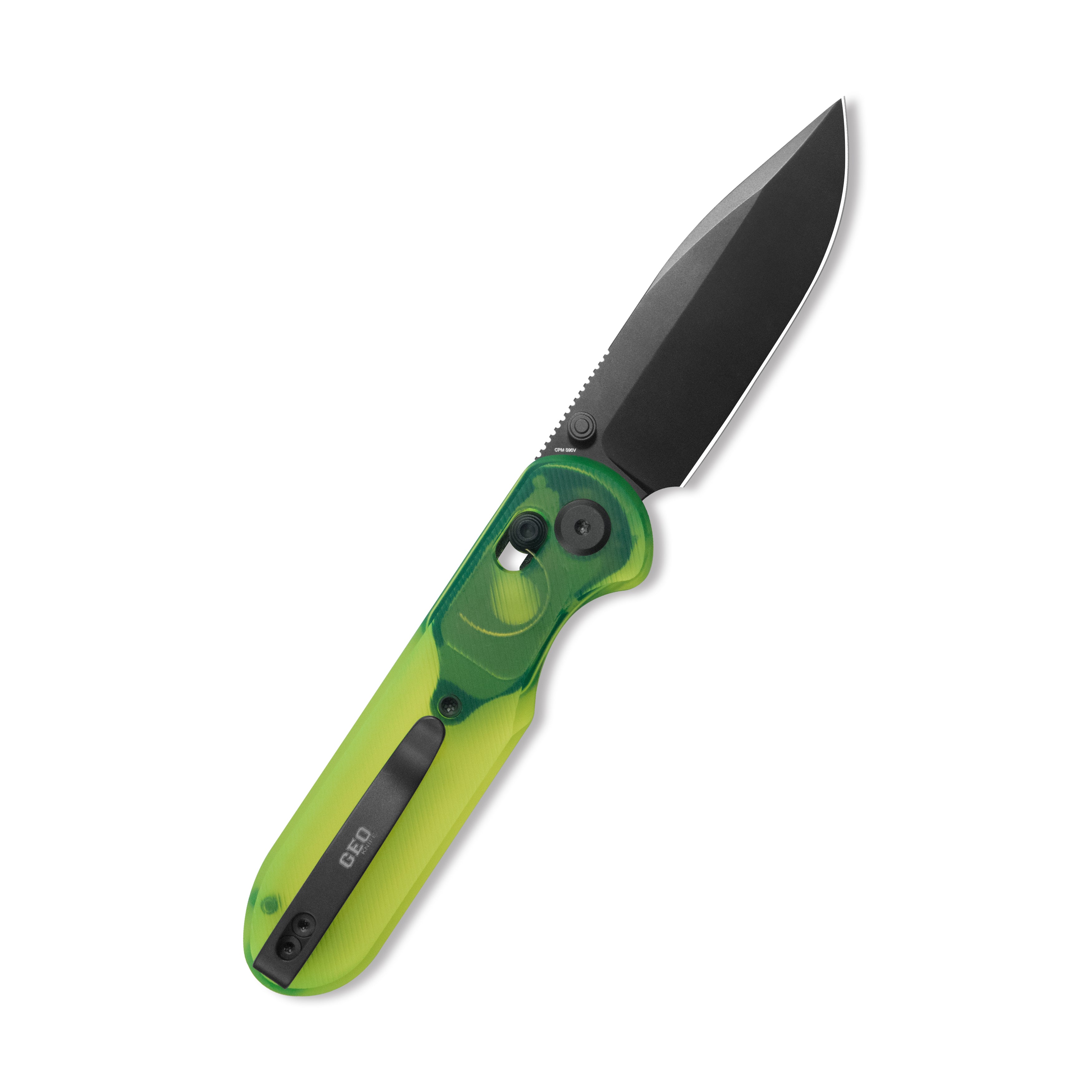 Blade HQ Exclusives SKU : GEO Knife Ethereal Cutter Axis lock Folding Knife Green Acrylic Handle 3.0" Black DLC CPM S90V Blade GEO2402Q