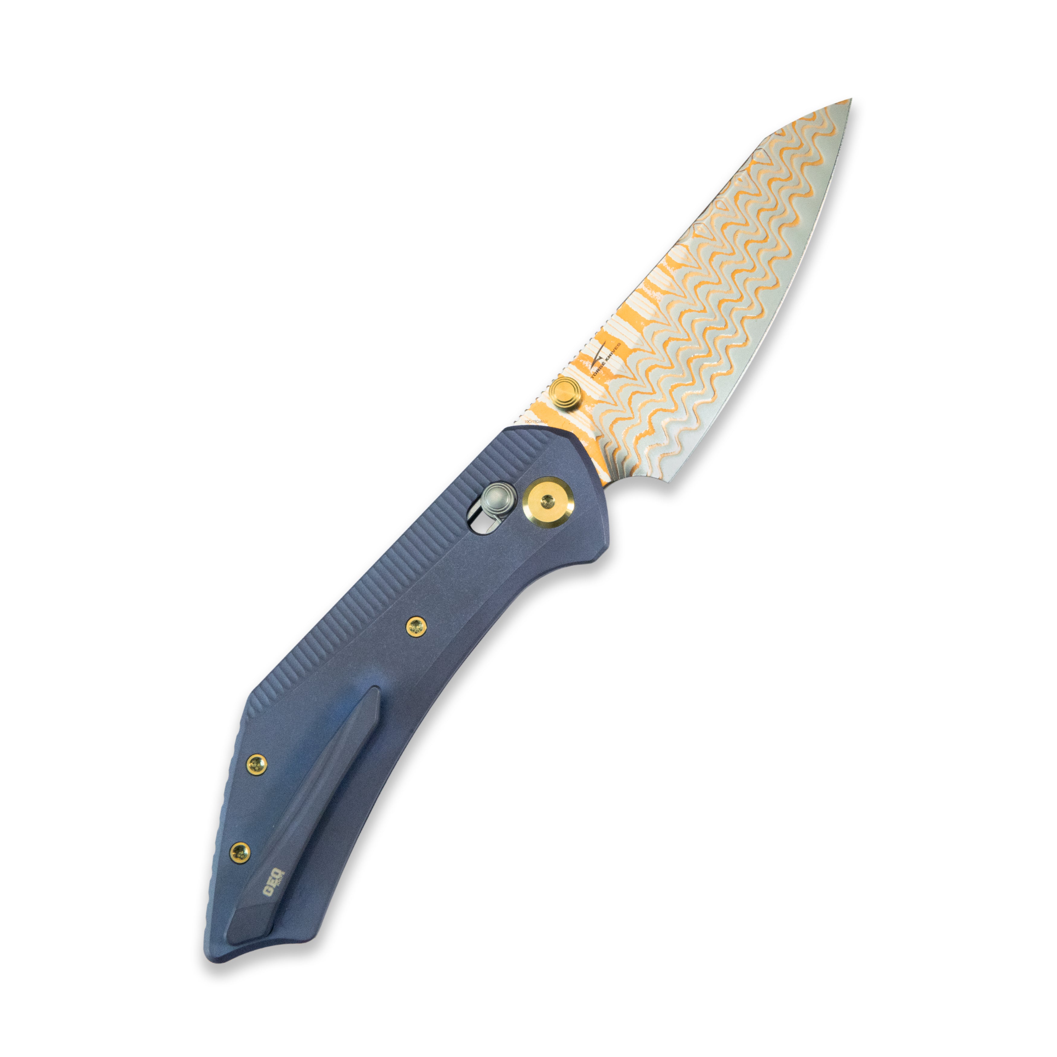 GEO Knife DIVID Crossbar lock Folding Knife Blue 6AL4V Titanium Handle 3.3" Damascus Steel & Copper Blade（10Cr15CoMoV) GEO2507B