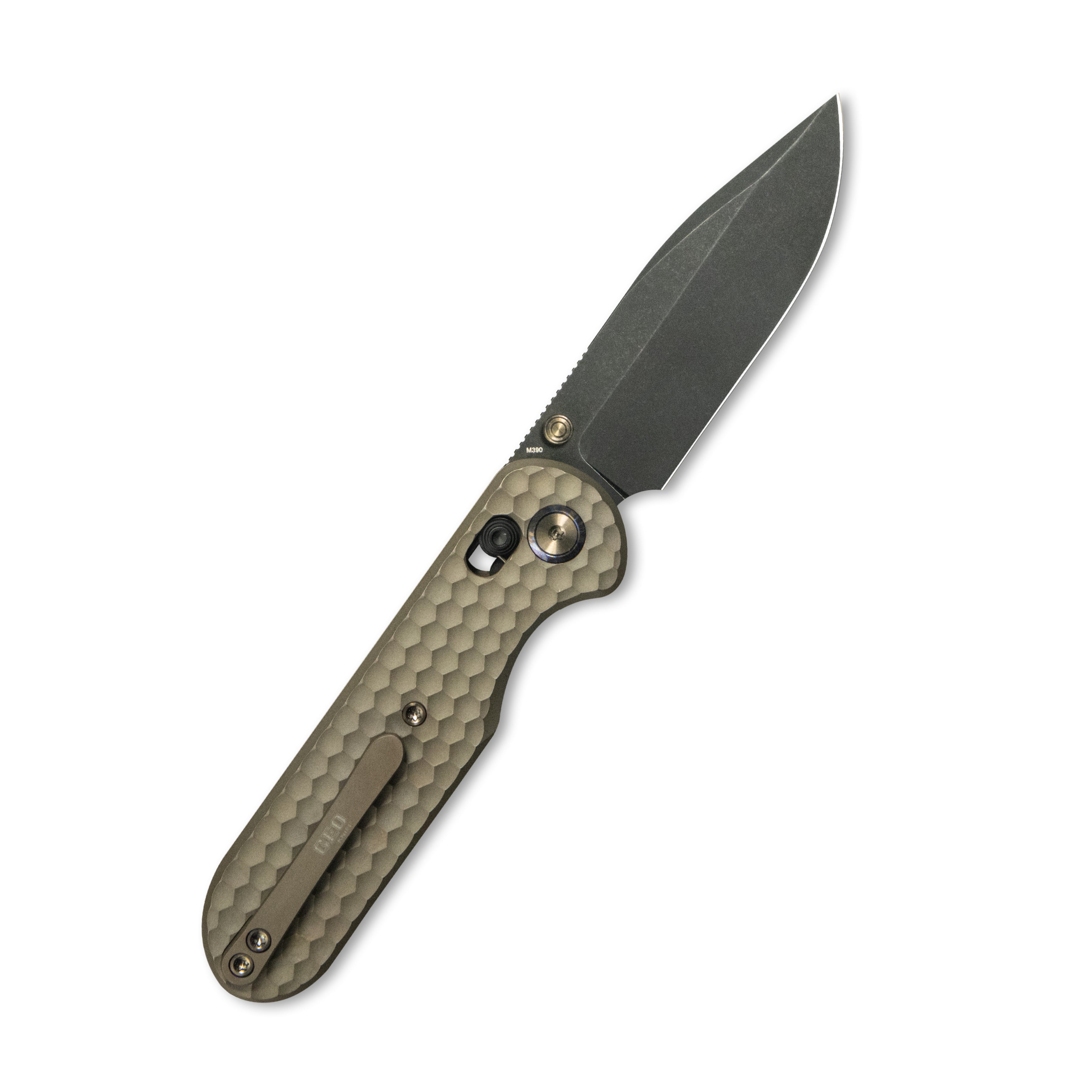 Geo knife Ethereal Cutter Axis Lock Folding Knife Bronze 6AL4V Titanium Handle 3.0" Blackwash Bohler M390 Blade  GEO2402B