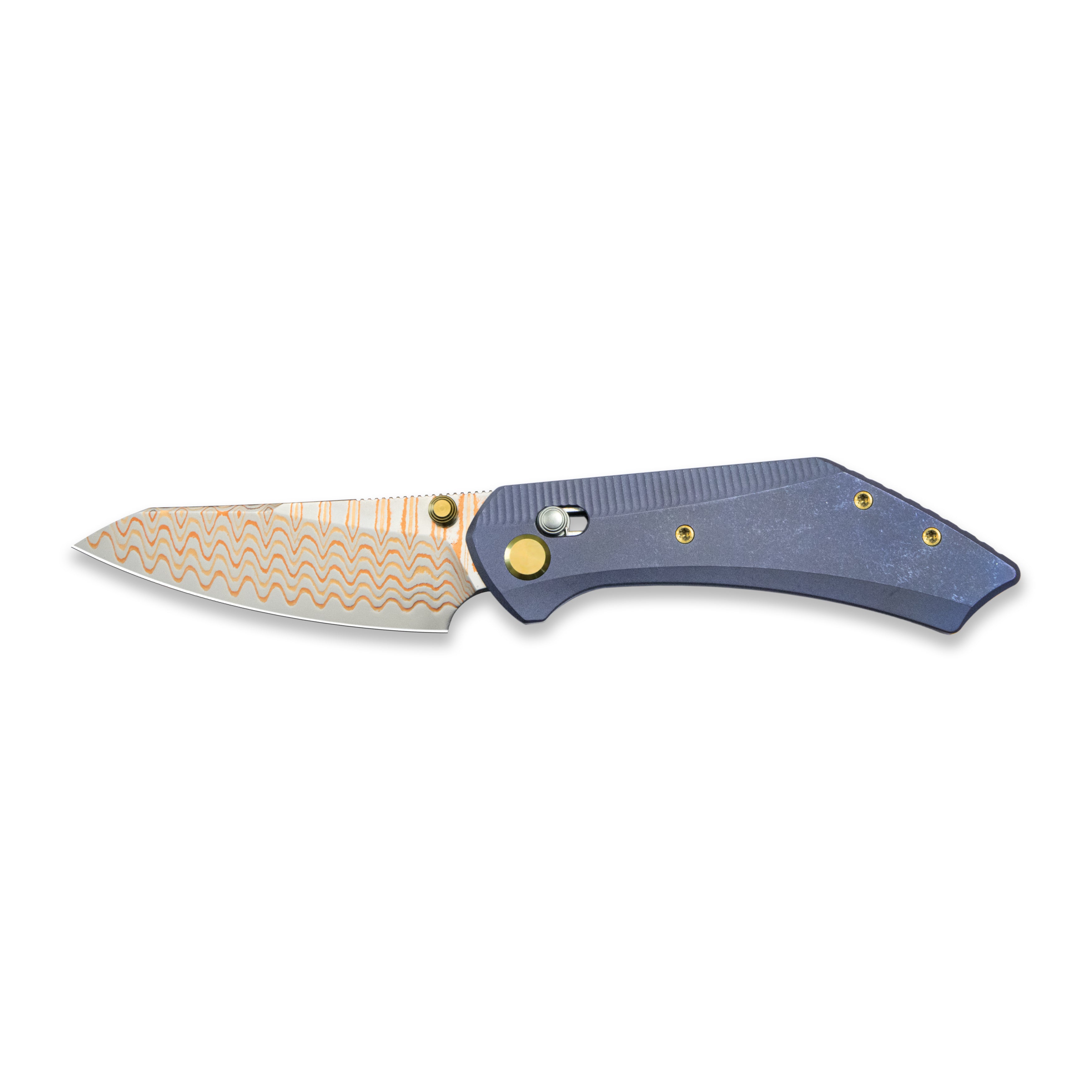 GEO Knife DIVID Crossbar lock Folding Knife Blue 6AL4V Titanium Handle 3.3" Damascus Steel & Copper Blade（10Cr15CoMoV) GEO2507B