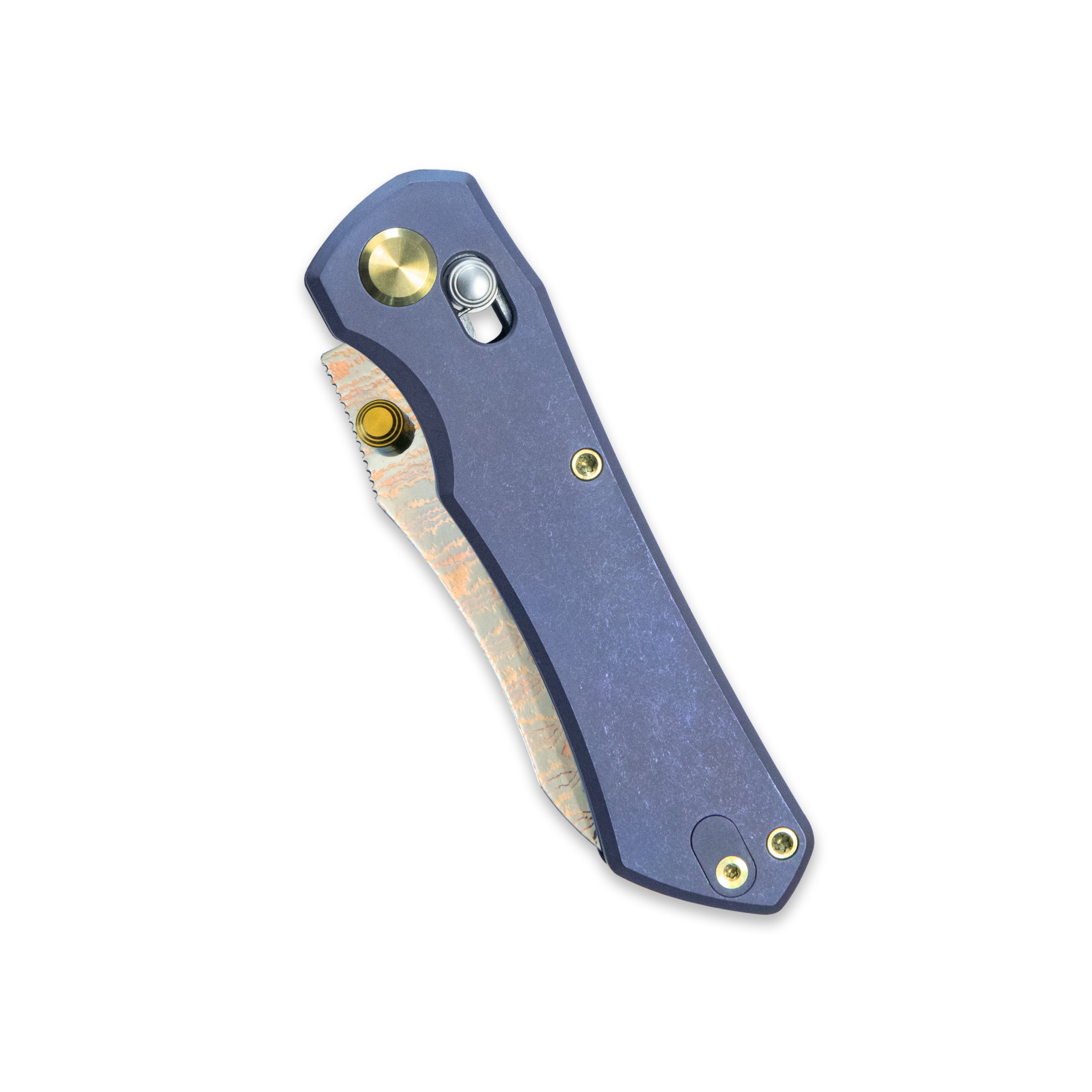GEO Knife Komodo Crossbar lock Folding Knife Blue 6AL4V Titanium Handle 3.1" Damascus Steel & Copper Blade（10Cr15CoMoV) GEO2509B