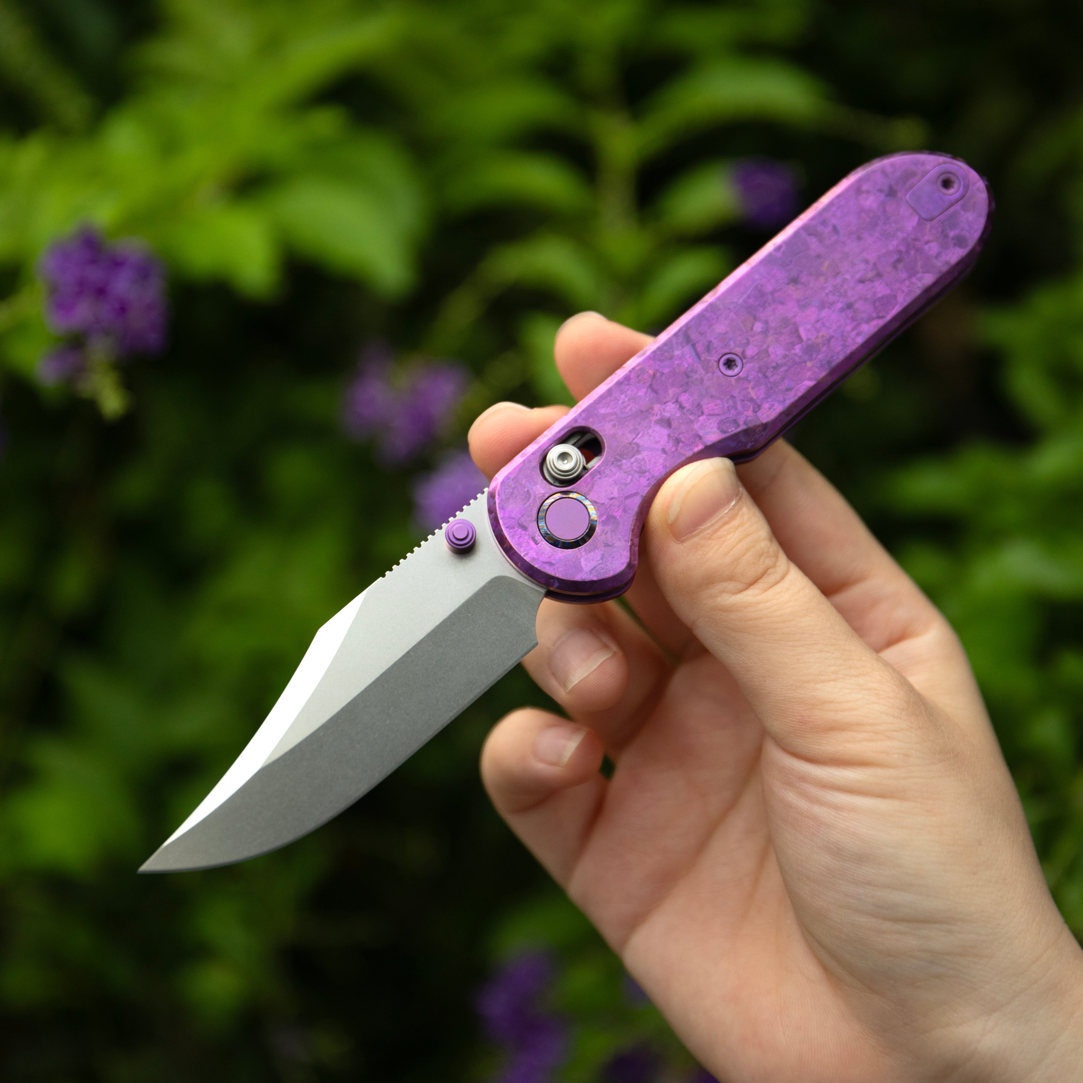 GEO Knife Ethereal Cutter Crossbar lock Folding Knife Purple Crystallized Titanium Handle 3.0" Stonewash Bohler M390 Blade GEO2401N