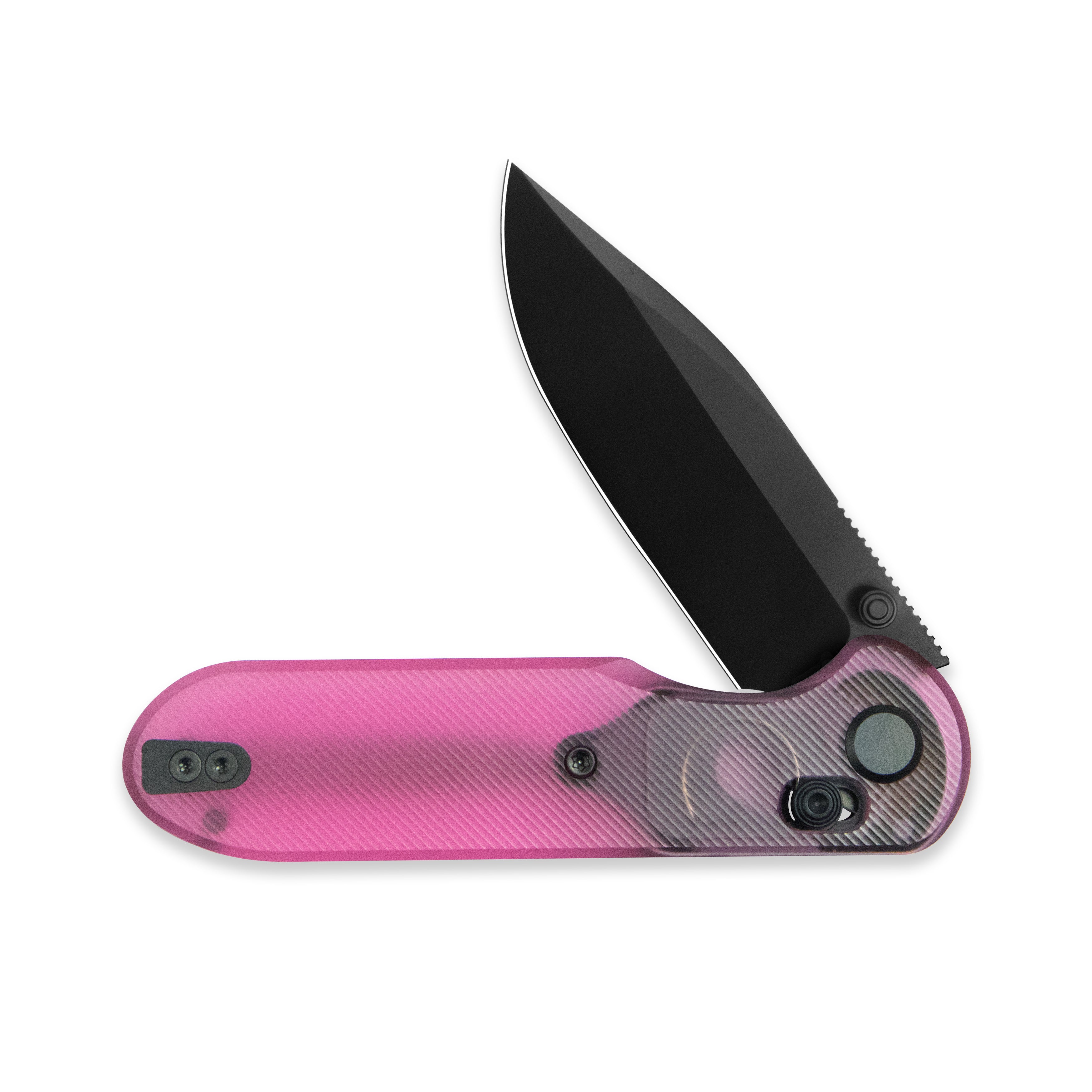 Blade HQ Exclusives SKU : GEO Knife Ethereal Cutter Crossbar lock Folding Knife Pink Acrylic Handle 3.0" Black DLC CPM S90V Blade GE02402-1B