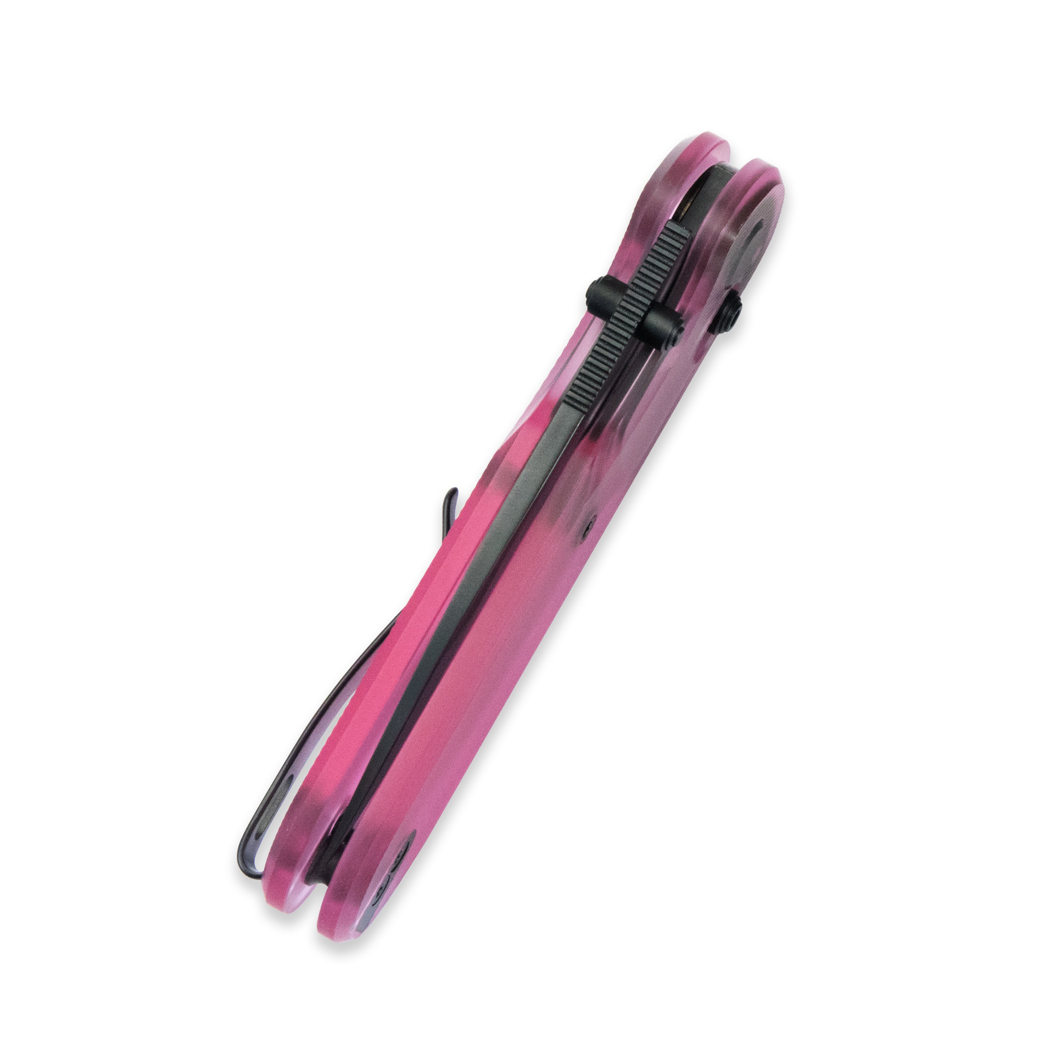 Blade HQ Exclusives SKU : GEO Knife Ethereal Cutter Crossbar lock Folding Knife Pink Acrylic Handle 3.0" Black DLC CPM S90V Blade GE02402-1B