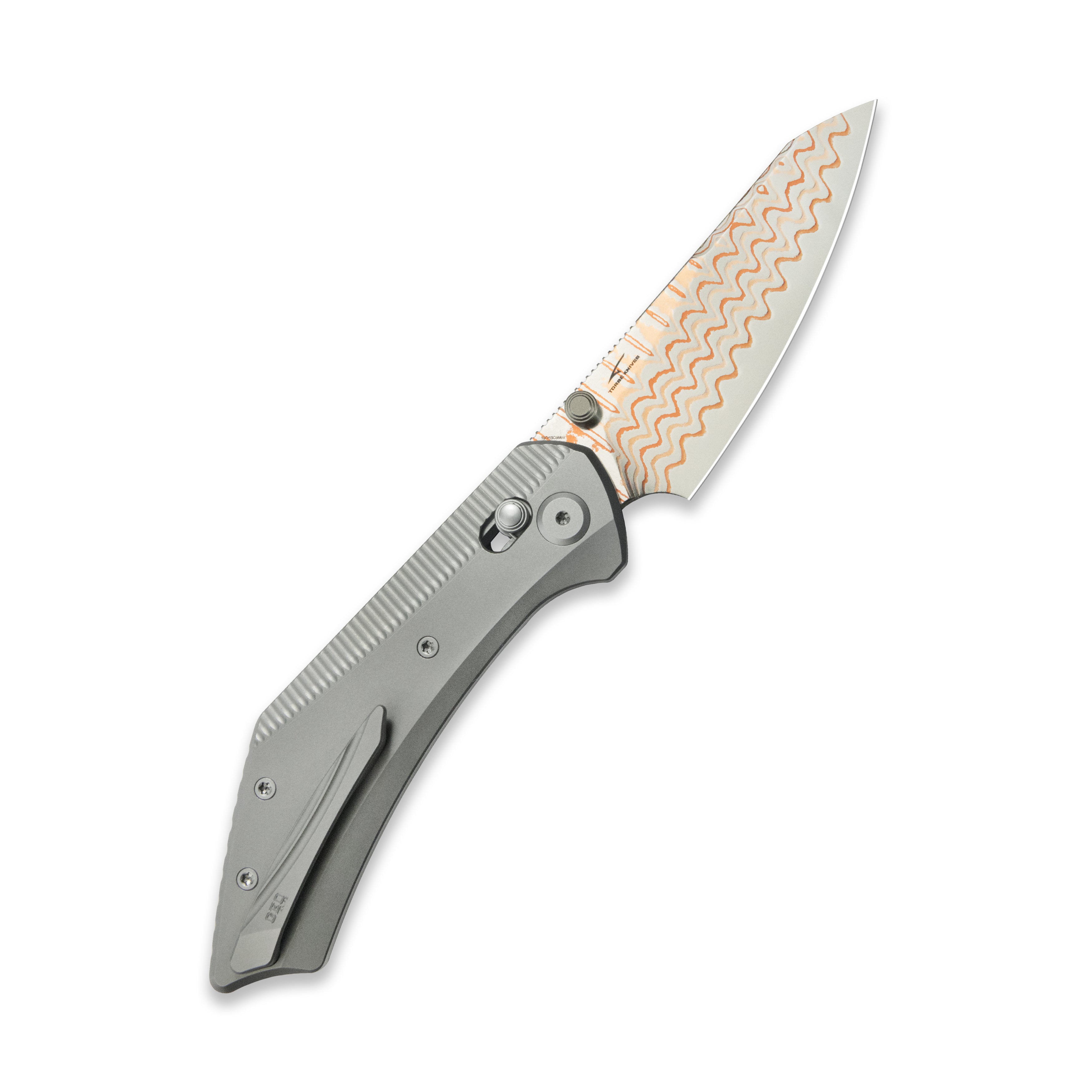 GEO Knife DIVID Axis lock Folding Knife Gray 6AL4V Titanium Handle 3.3" Damascus Steel & Copper Blade（10Cr15CoMoV) GEO2507A