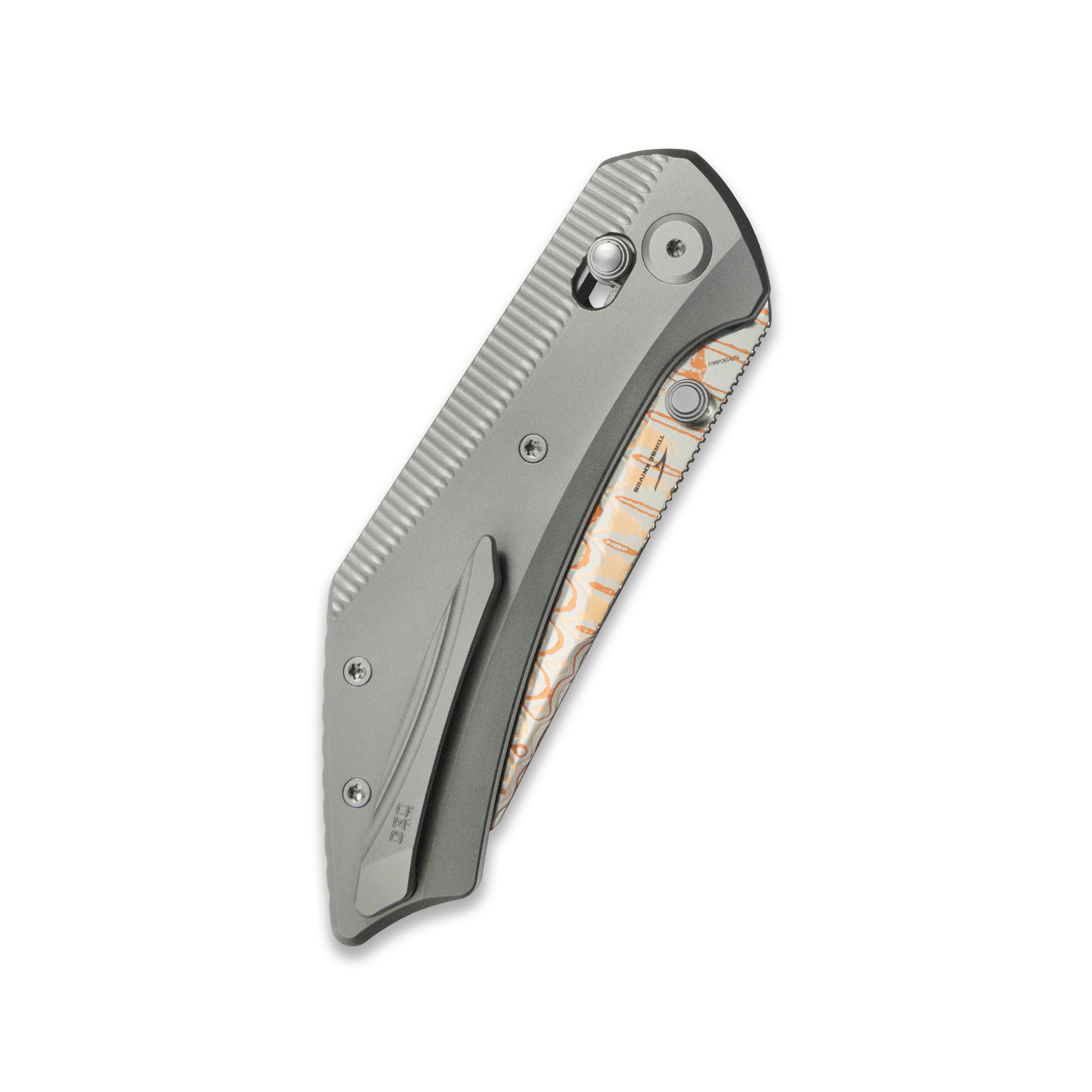 GEO Knife DIVID Axis lock Folding Knife Gray 6AL4V Titanium Handle 3.3" Damascus Steel & Copper Blade（10Cr15CoMoV) GEO2507A