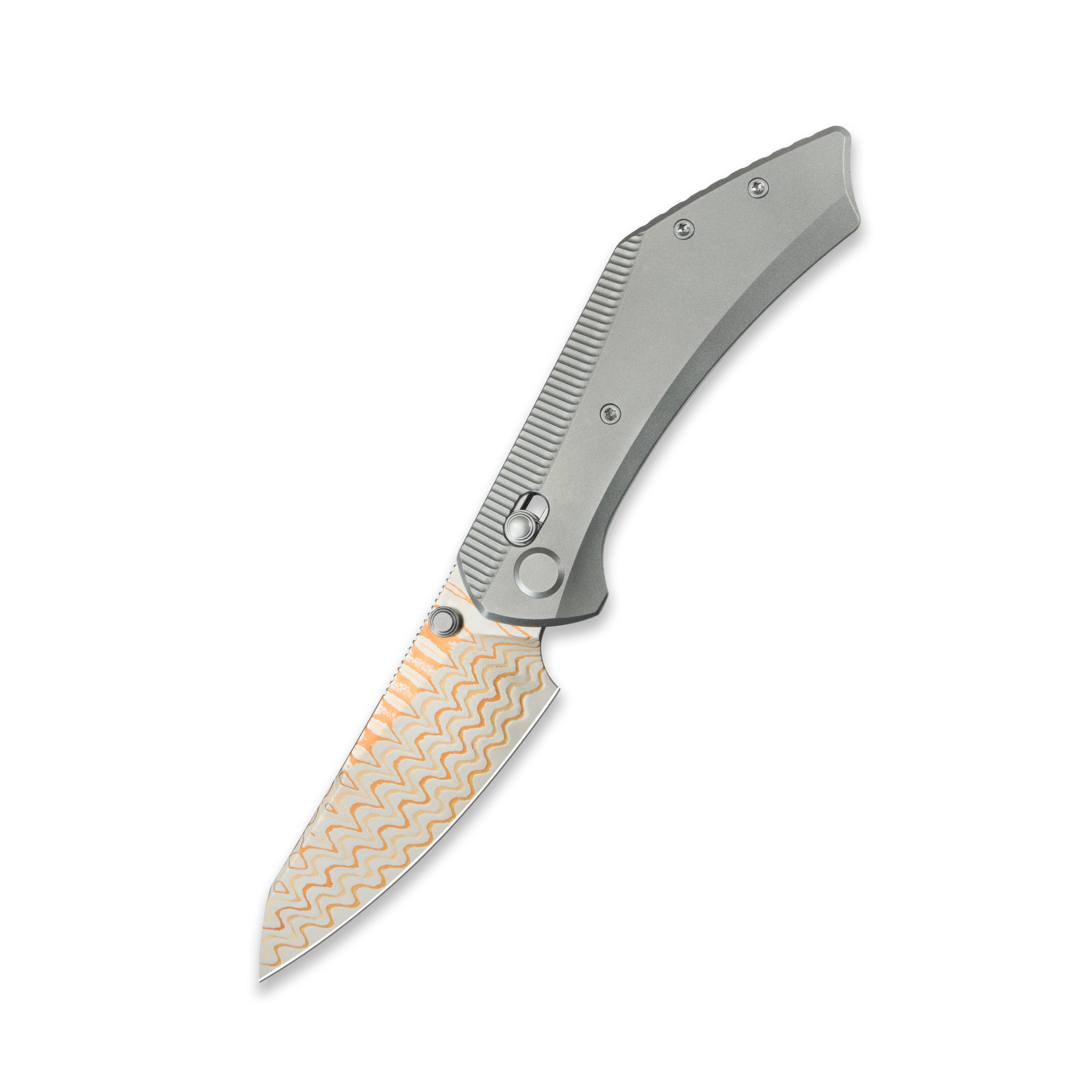 GEO Knife DIVID Axis lock Folding Knife Gray 6AL4V Titanium Handle 3.1" Damascus Steel & Copper Blade（10Cr15CoMoV) GEO2507A