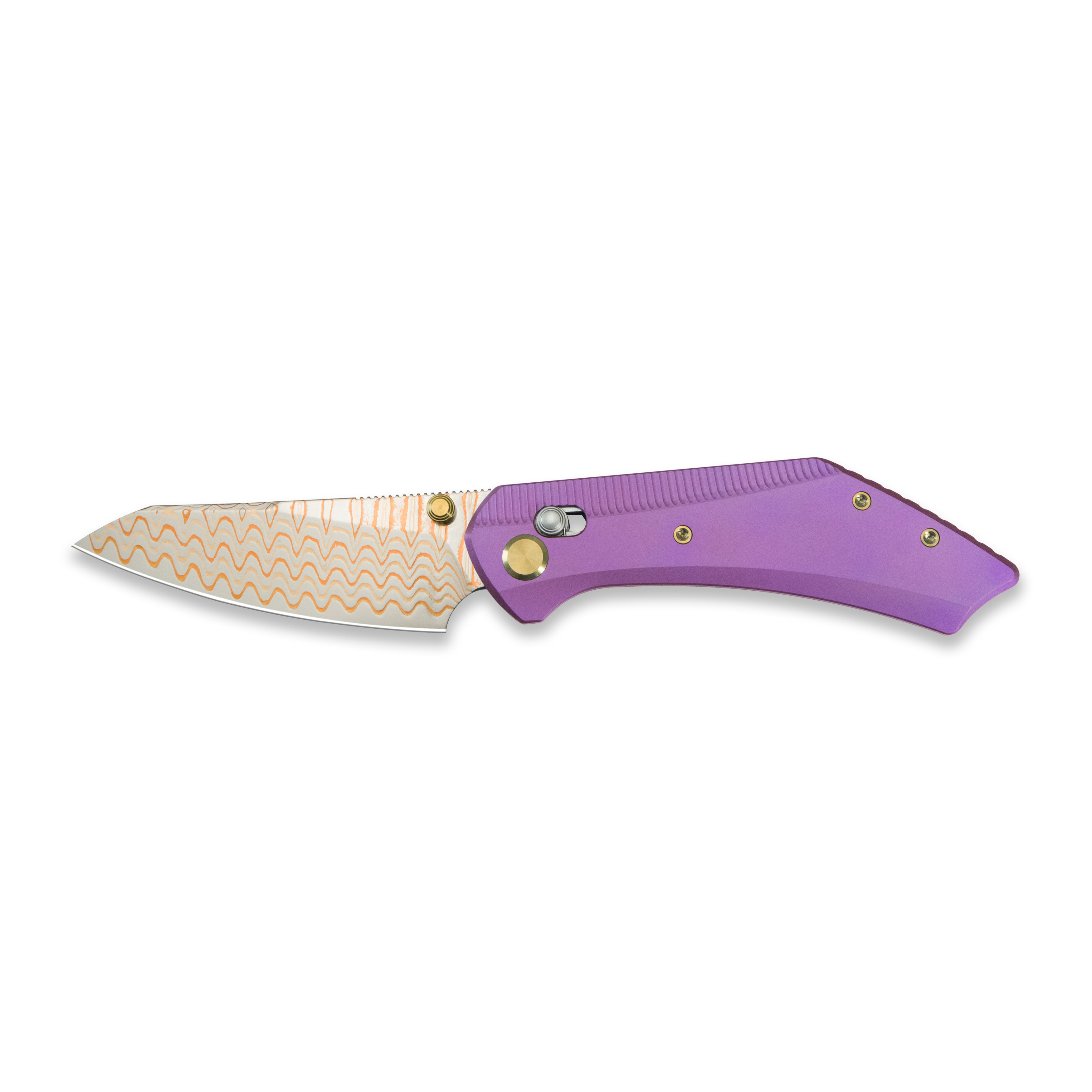 GEO Knife DIVID Crossbar lock Folding Knife Purple 6AL4V Titanium Handle 3.3" Damascus Steel & Copper Blade（10Cr15CoMoV) GEO2507C