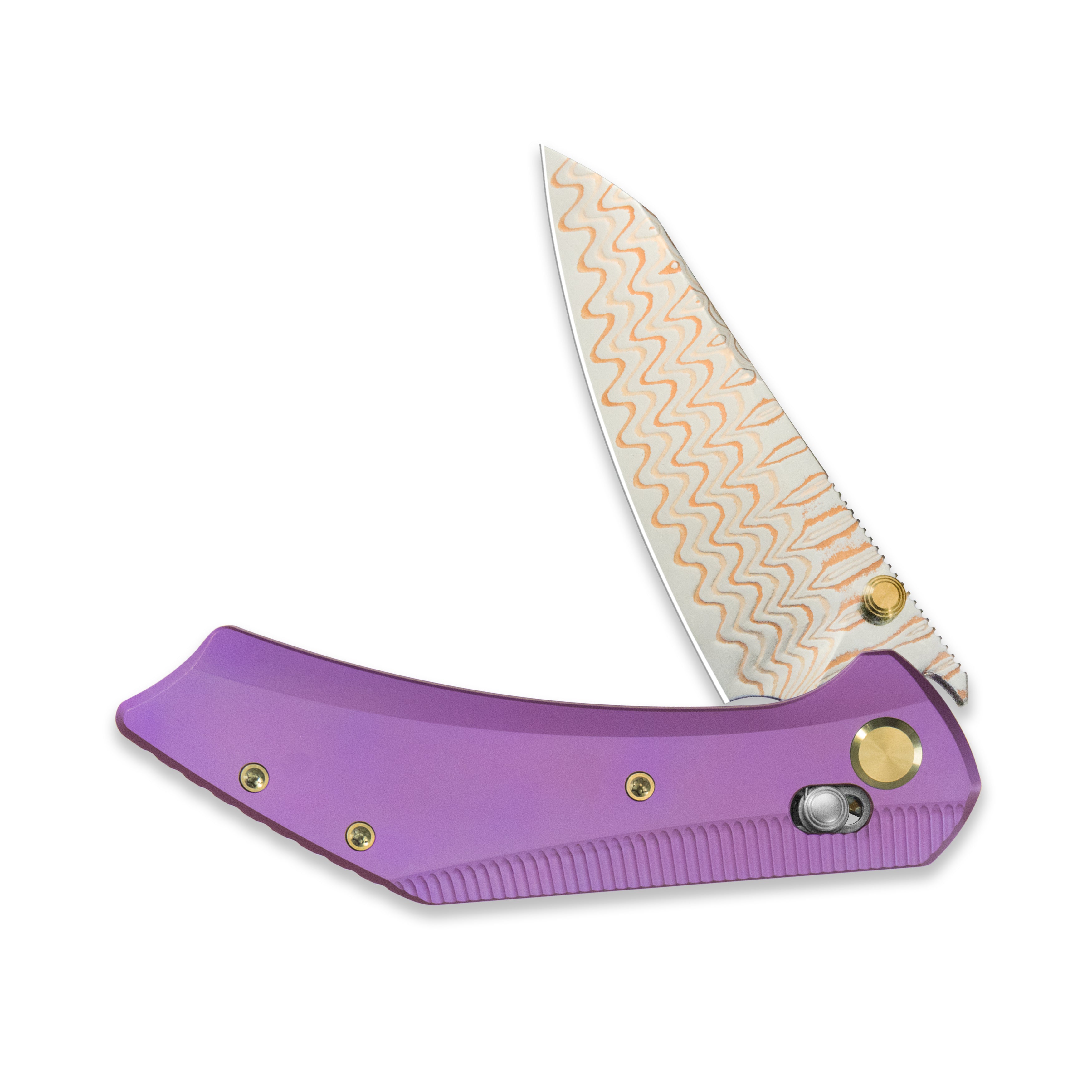 GEO Knife DIVID Crossbar lock Folding Knife Purple 6AL4V Titanium Handle 3.3" Damascus Steel & Copper Blade（10Cr15CoMoV) GEO2507C