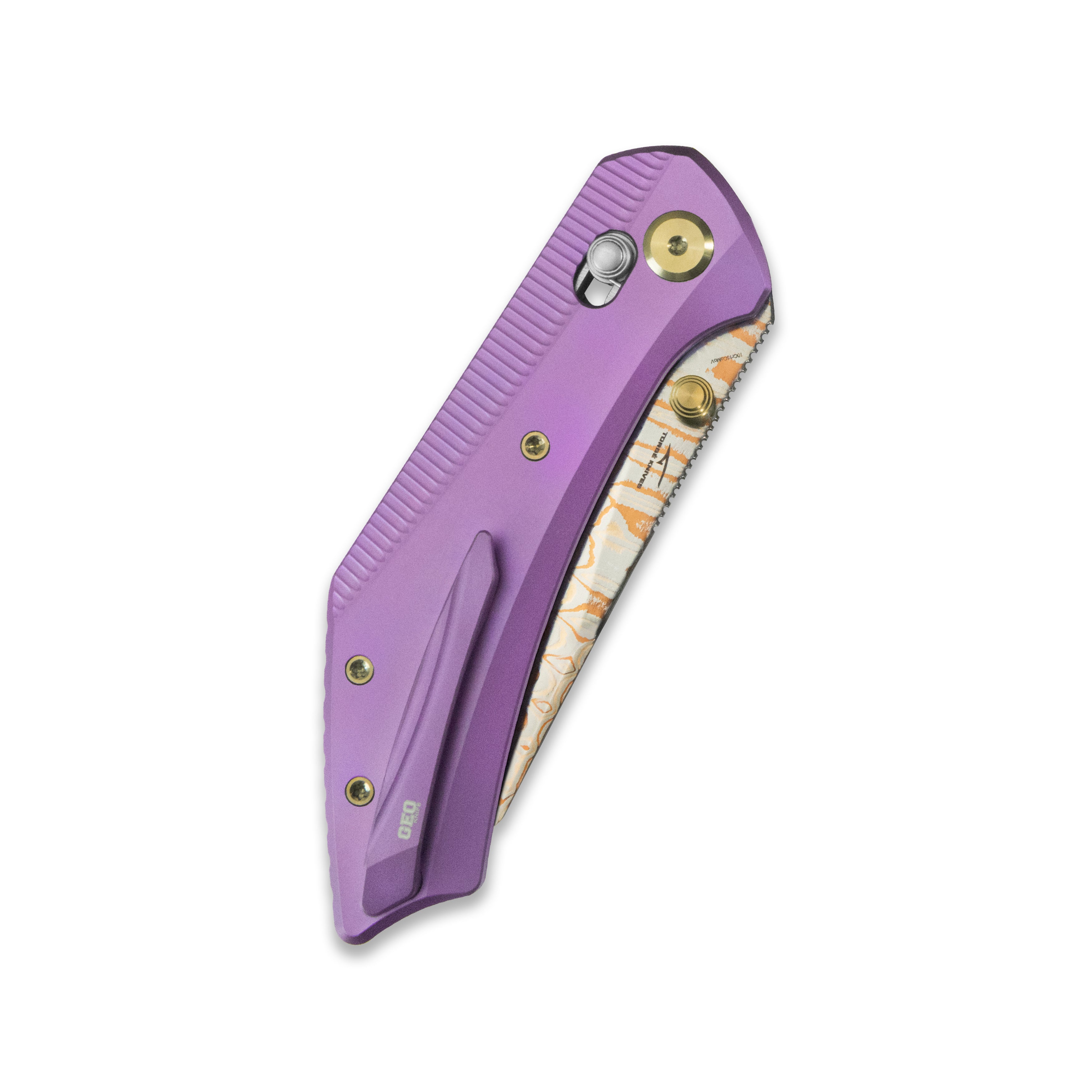 GEO Knife DIVID Crossbar lock Folding Knife Purple 6AL4V Titanium Handle 3.3" Damascus Steel & Copper Blade（10Cr15CoMoV) GEO2507C