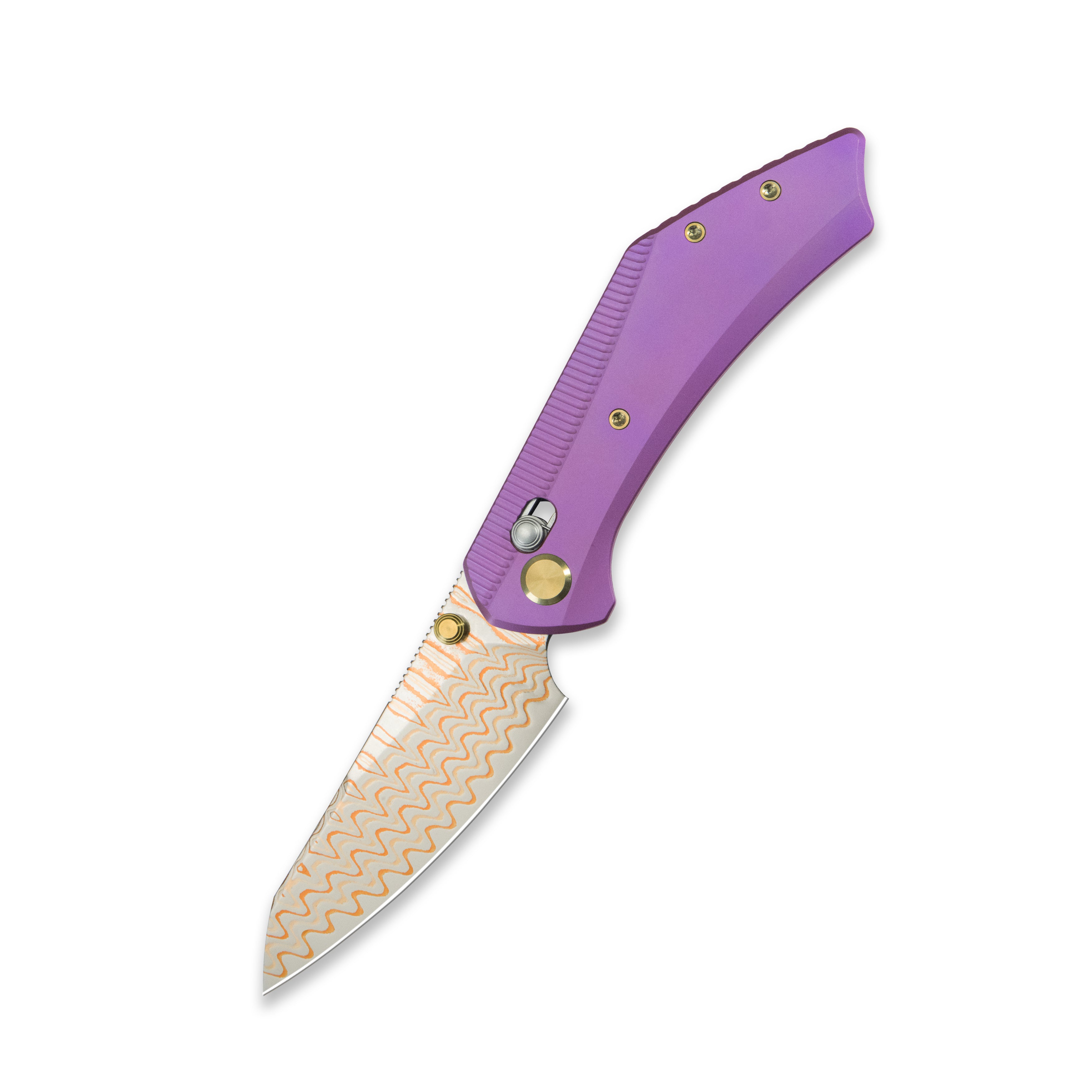 GEO Knife DIVID Axis lock Folding Knife Purple 6AL4V Titanium Handle 3.1" Damascus Steel & Copper Blade（10Cr15CoMoV) GEO2507C