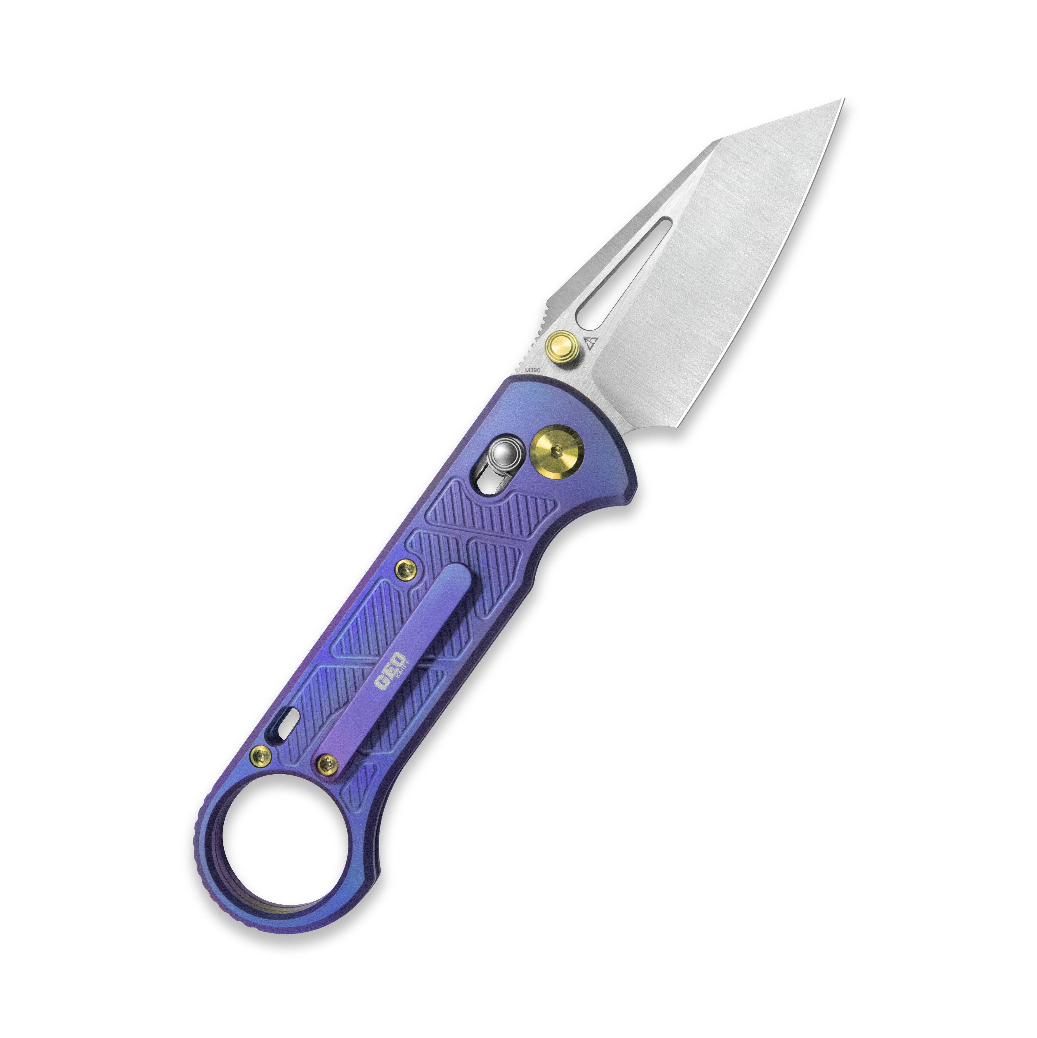 GEO Knife Aska Crossbar lock Folding Knife  Purple 6AL4V Titanium Handle 2.8" Hand-Rubbed Satin Stonewash Bohler M390 Blade GEO2511D